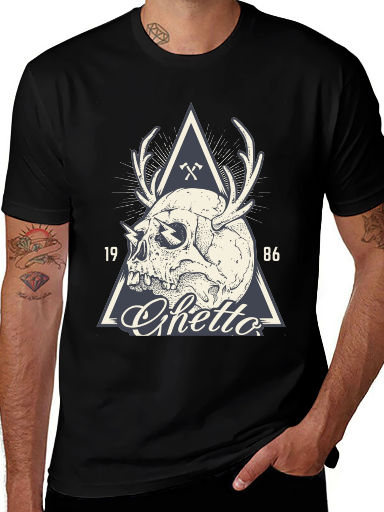 Variant 8 of Skull & Antler Graphic Tee - 'Ghetto 1986' Design