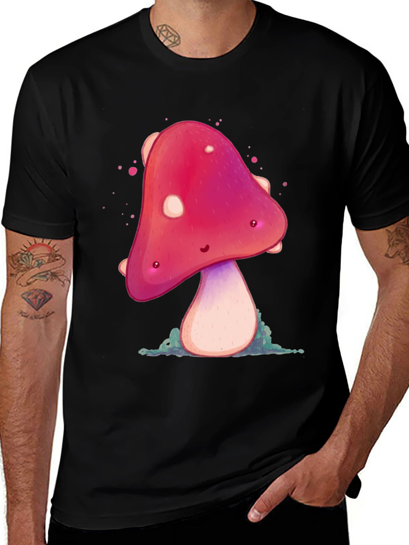 Variant 16 of Funky Mushroom Graphic Tee - Black Cotton Blend