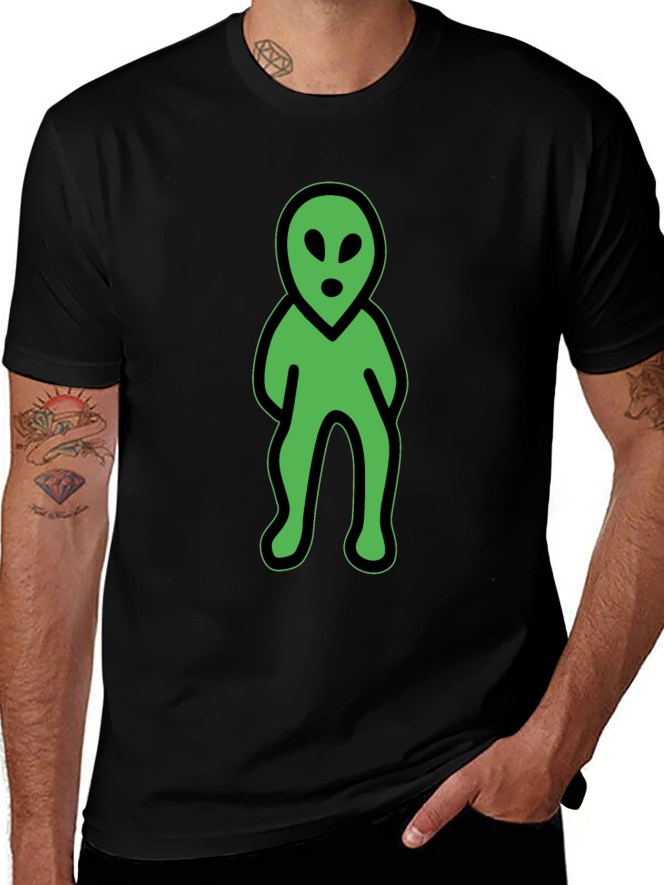 Variant 15 of Green Alien Graphic Tee - Black Cotton Blend Shirt