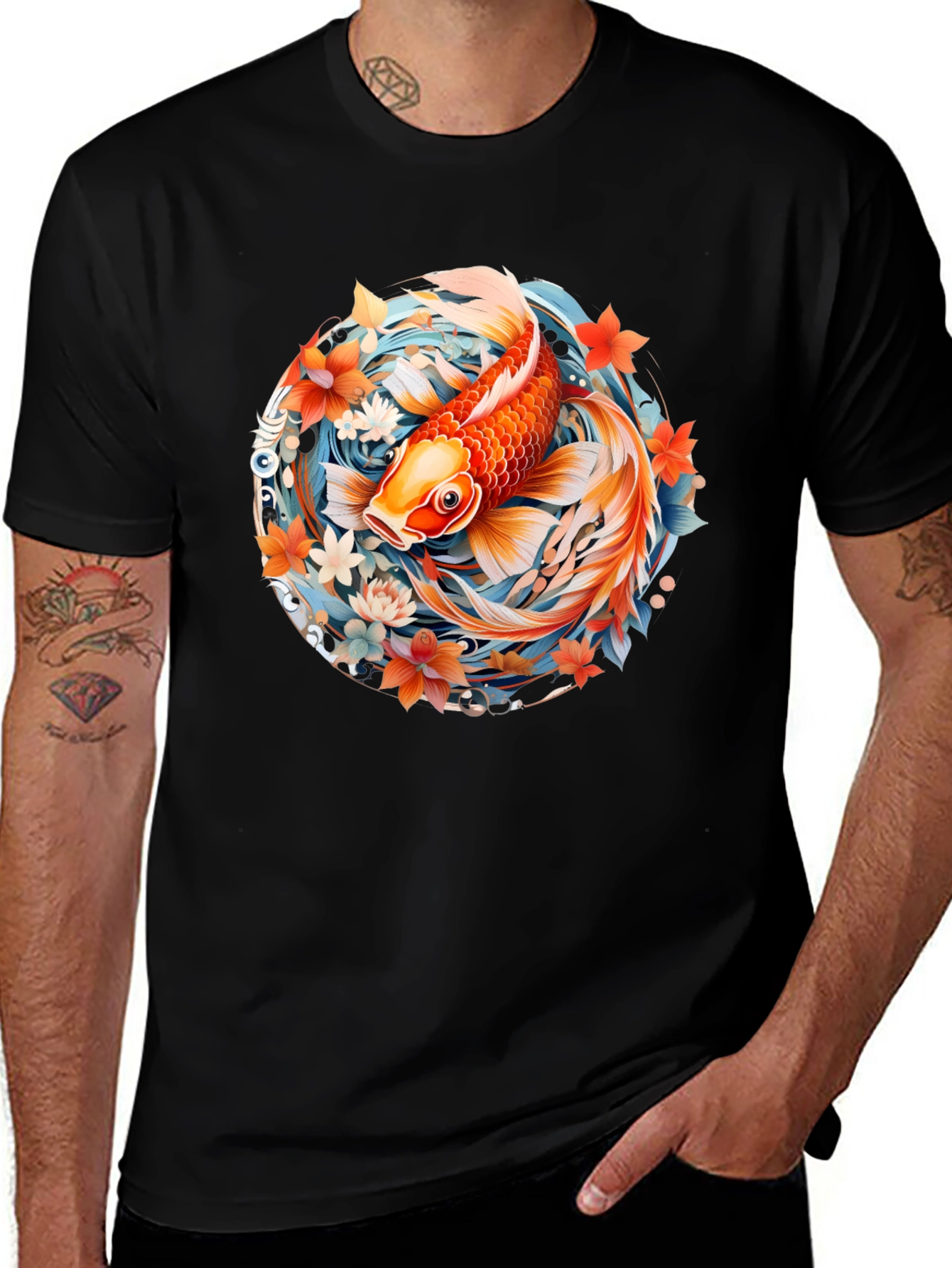 Variant 27 of Koi Fish Graphic Print Black T-Shirt
