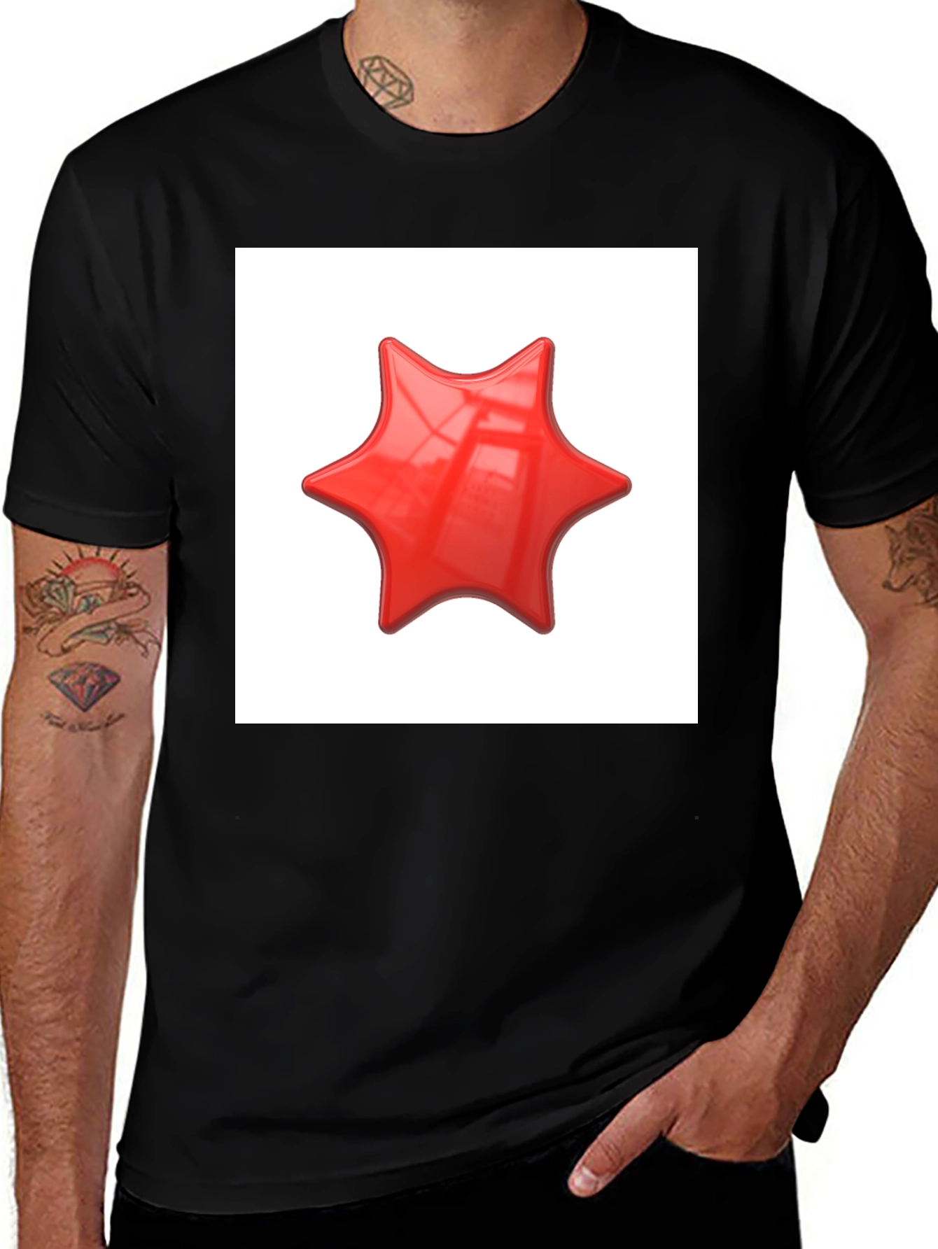 Black Black T-Shirt with Red Star Graphic Print main image