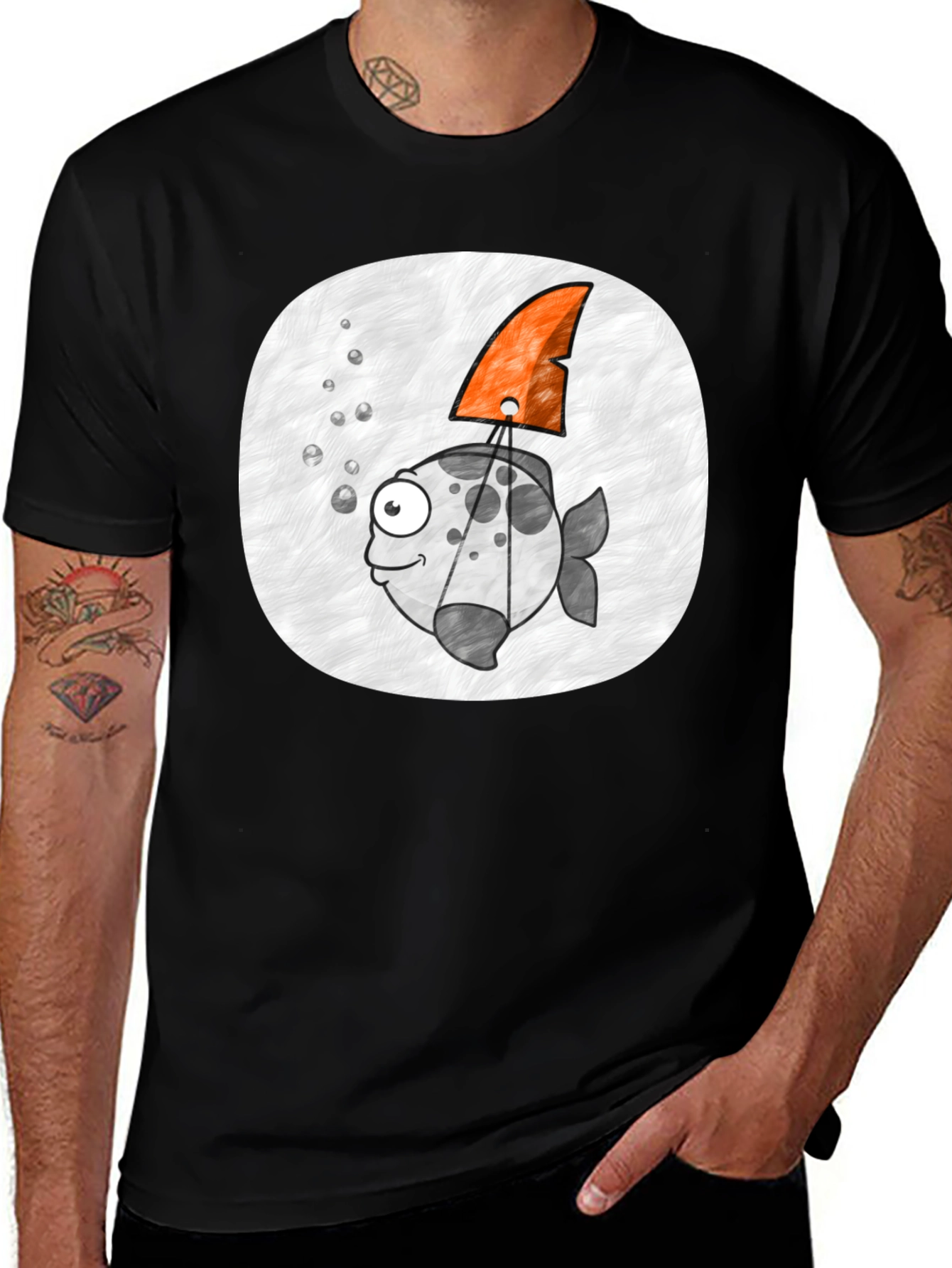 Variant 12 of Cartoon Fish with Shark Fin Black T-Shirt
