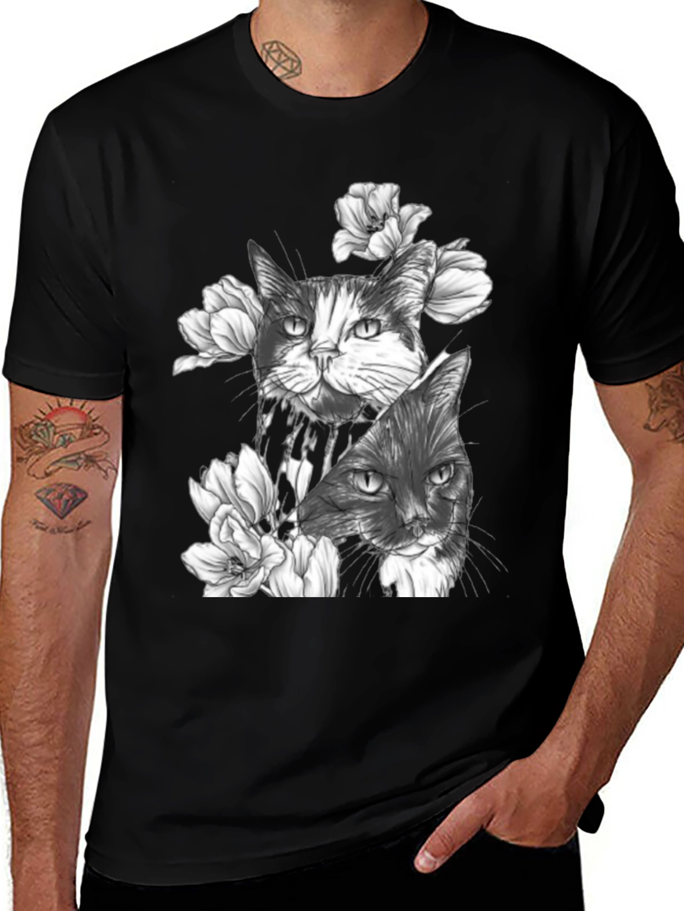 Variant 21 of Floral Cat Print Black T-Shirt