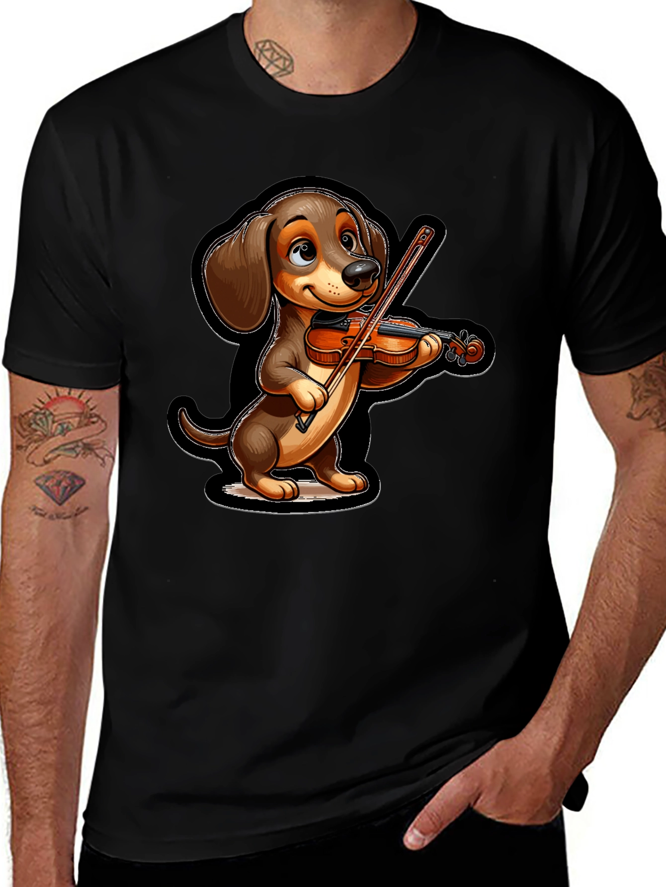 Variant 16 of Dachshund Violinist Graphic Tee - Black