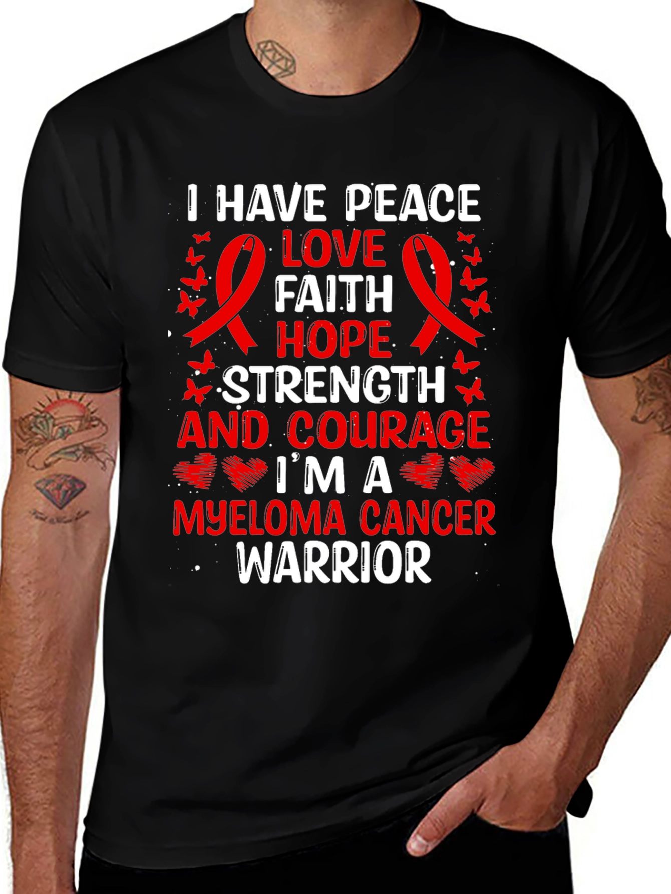 Myeloma Cancer Warrior T-Shirt: Peace, Love, Faith