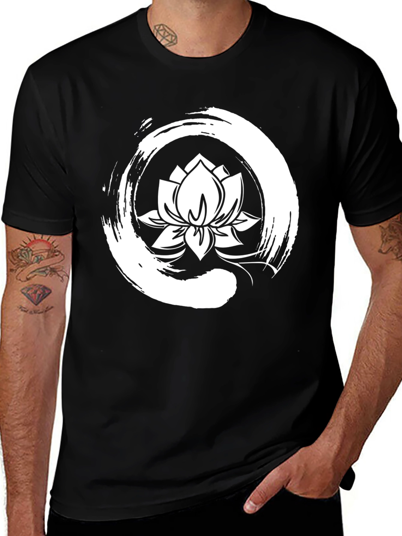 Black Lotus Flower Zen Circle Graphic Tee - Black main image