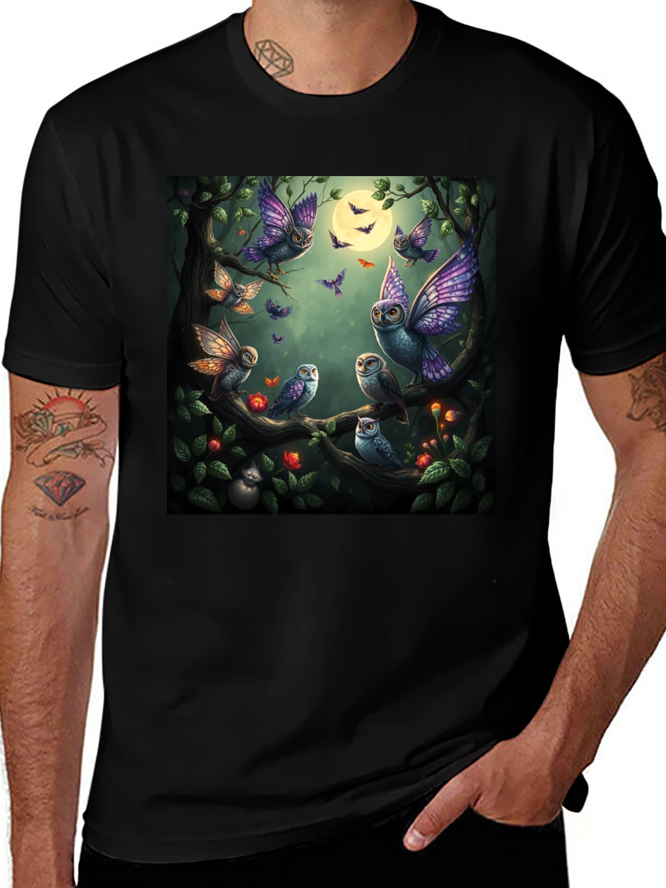 Variant 7 of Owl Butterfly Graphic T-Shirt - Whimsical Design