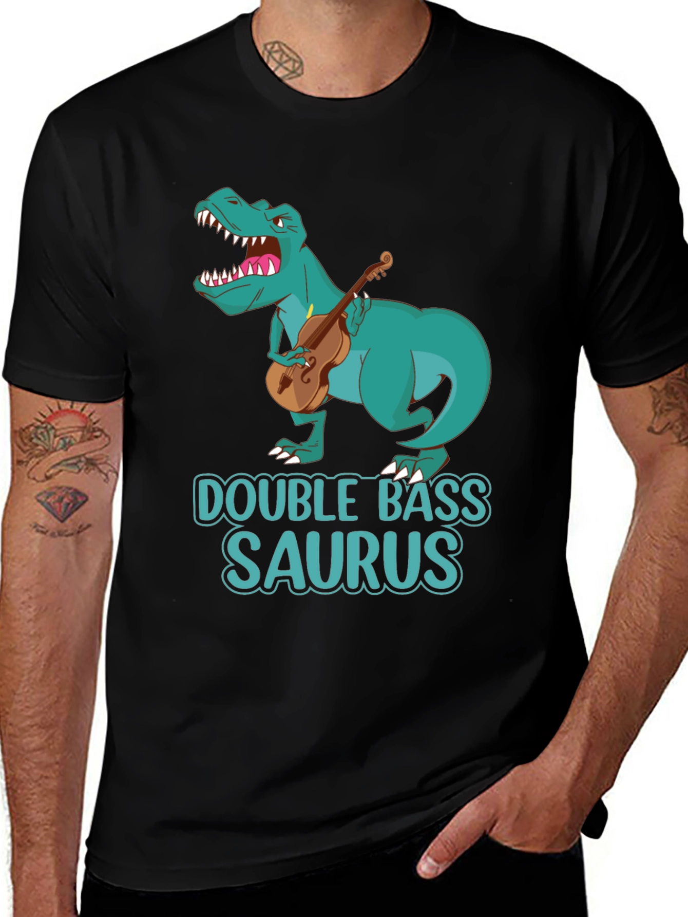 Double Bass Saurus T-Shirt, Music Dinosaur Tee