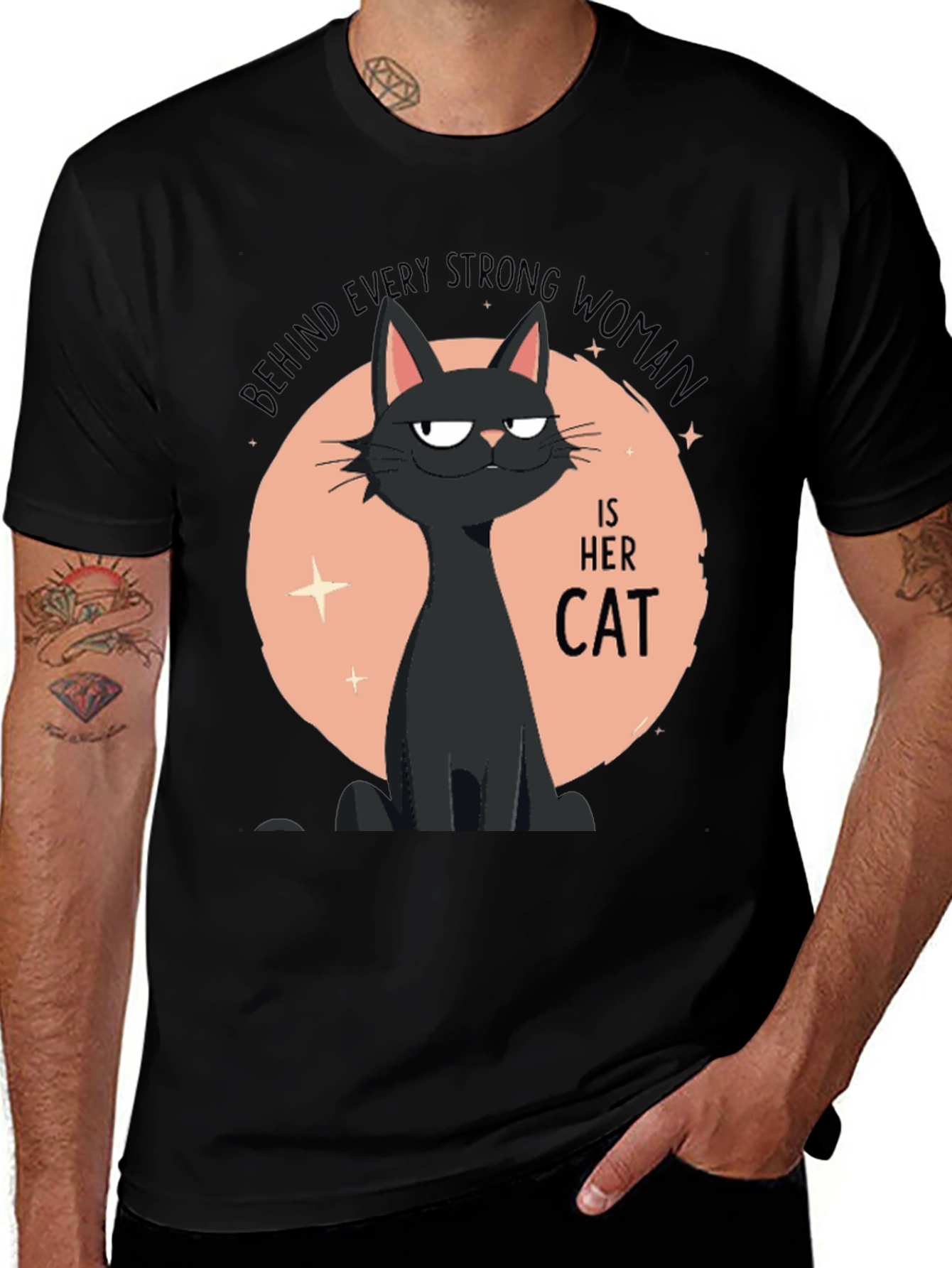 Variant 2 of Strong Woman Cat T-Shirt - Black Graphic Tee