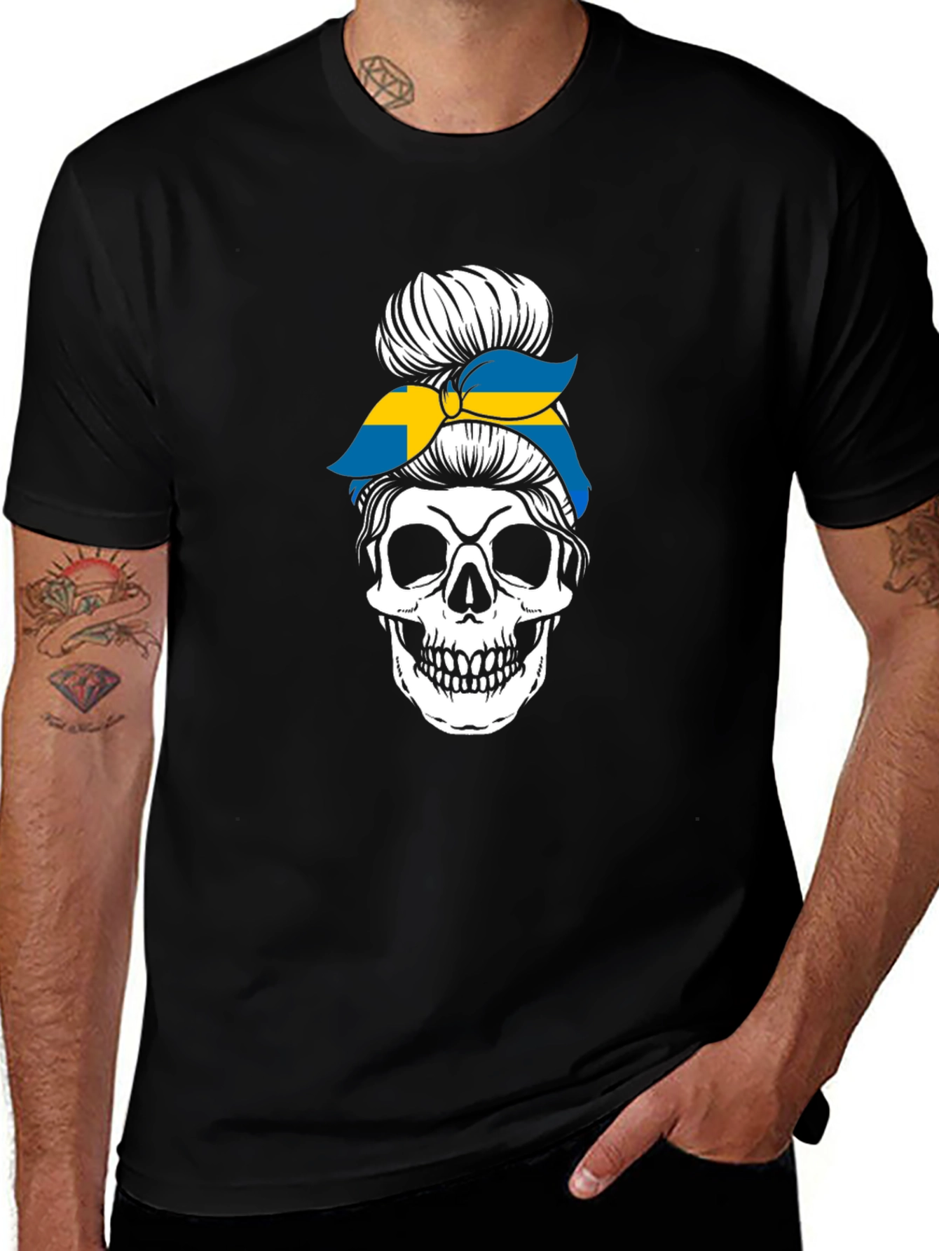 Variant 9 of Skull Sweden Flag Messy Bun T-Shirt
