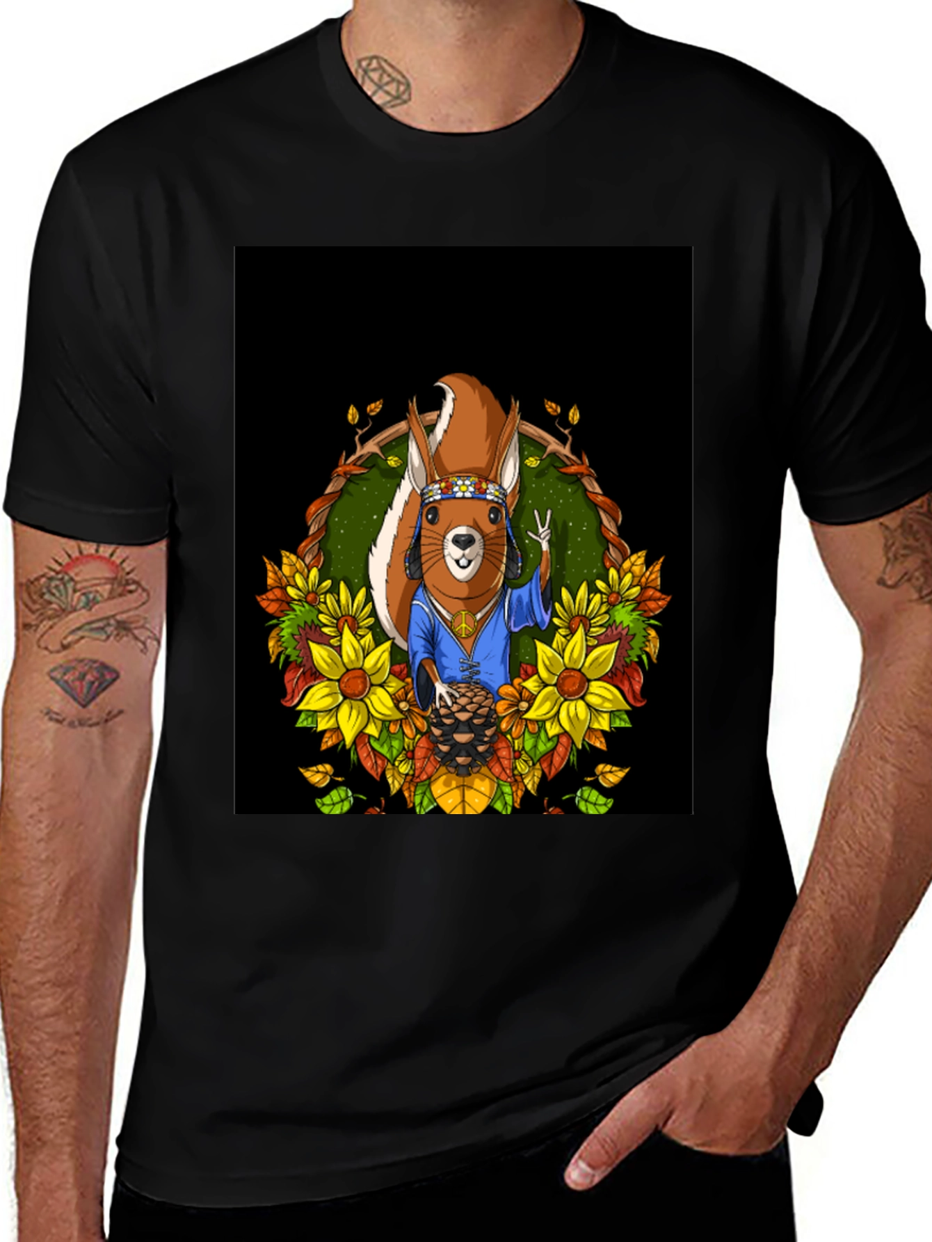 Variant 11 of Squirrel Graphic Black T-Shirt - Nature Hippie Style