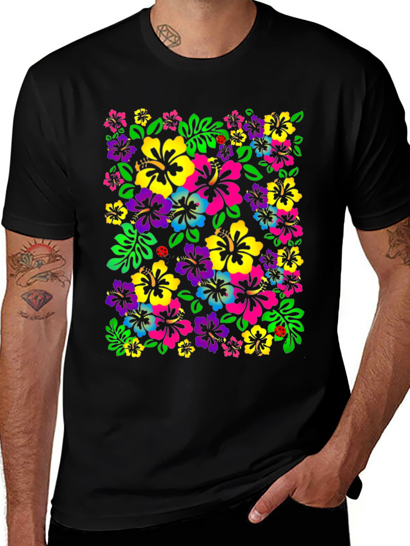 Variant 16 of Hibiscus Flower Print Black T-Shirt