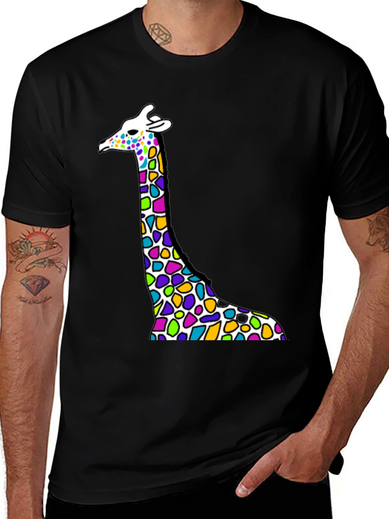 Variant 15 of Colorful Giraffe Graphic Tee - Black Crew Neck T-Shirt