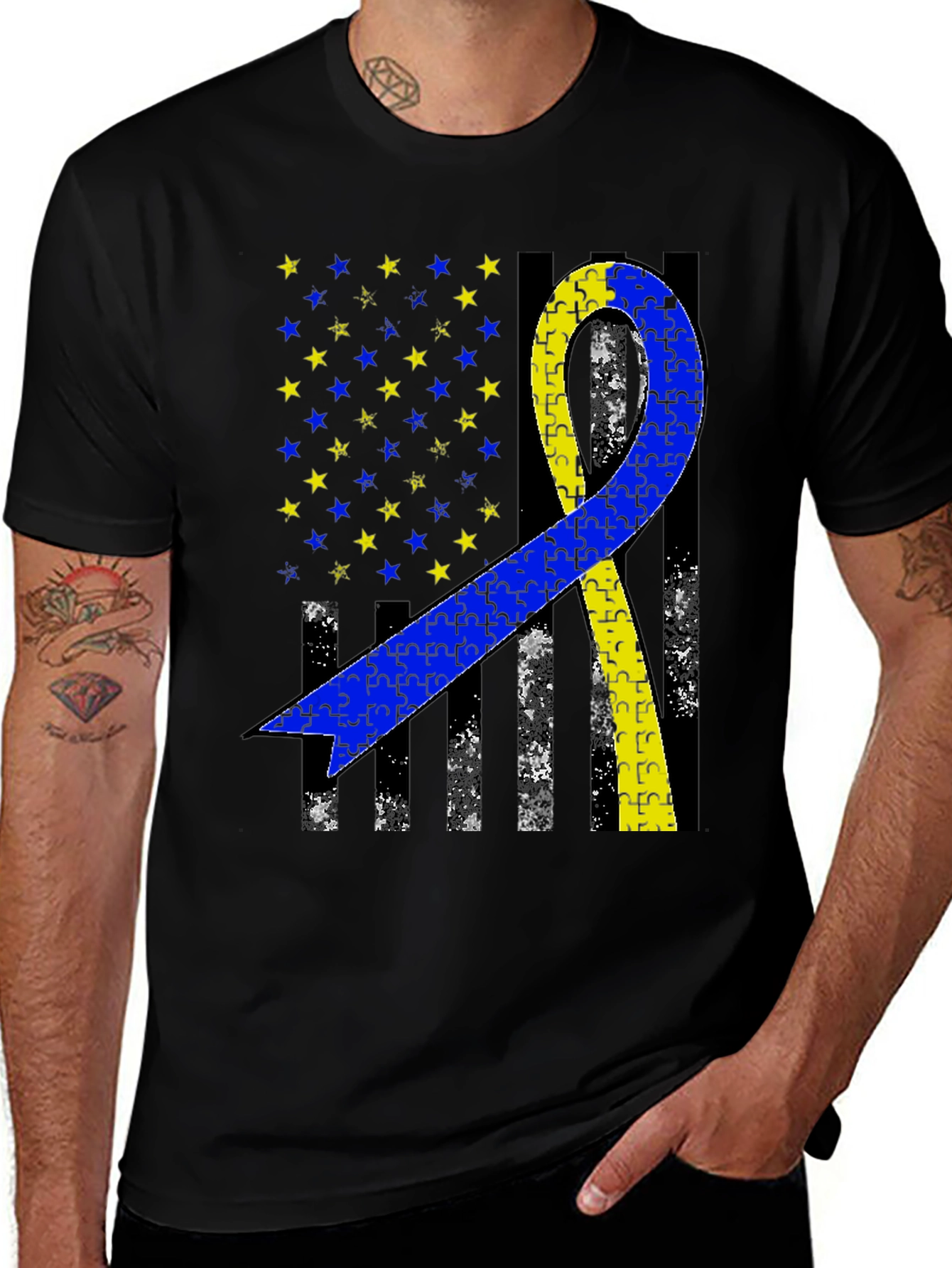 Down Syndrome Awareness T-Shirt - Puzzle Ribbon USA Flag