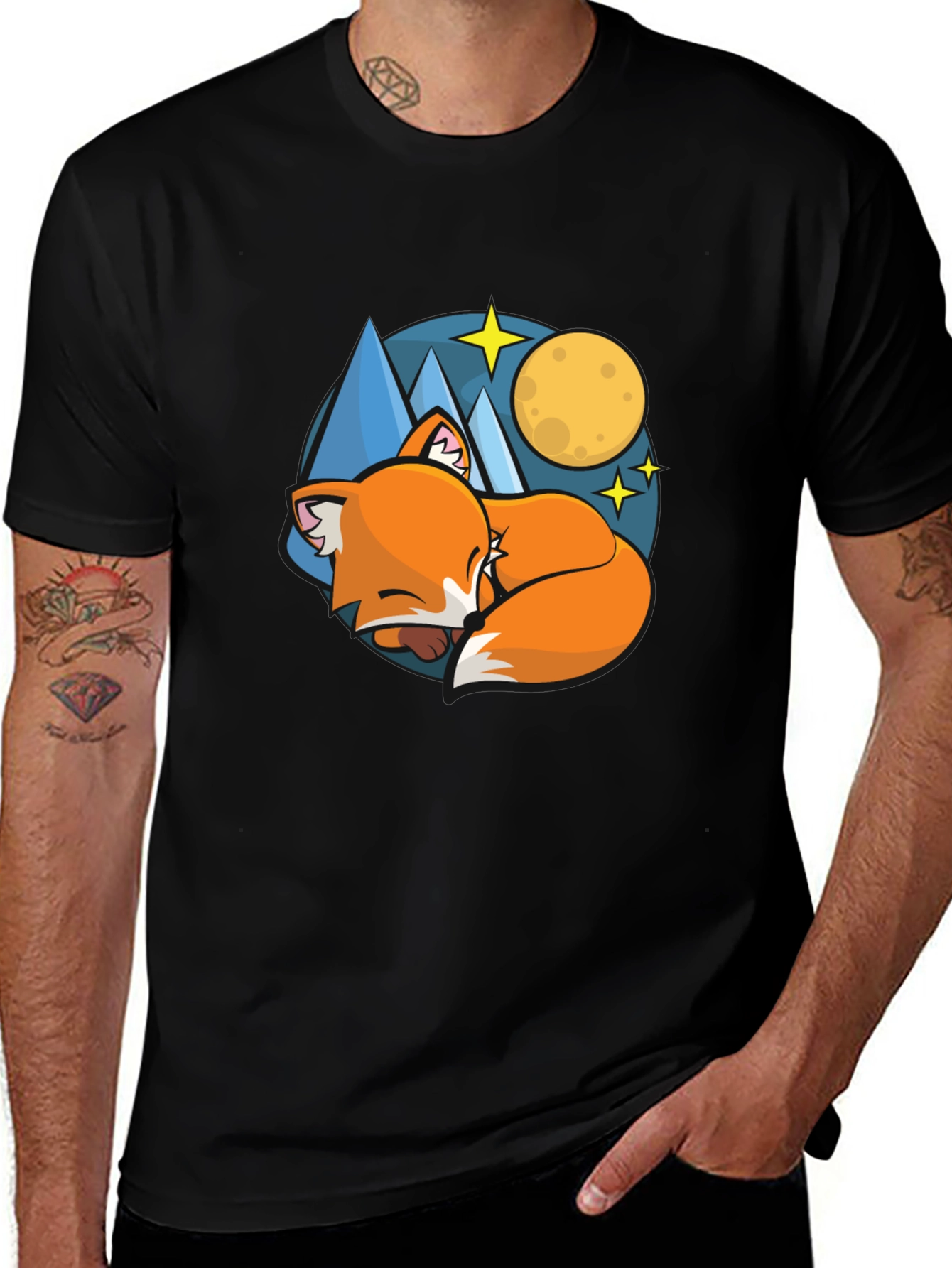 Variant 6 of Fox Moon & Stars Graphic Tee - Men's Black T-Shirt