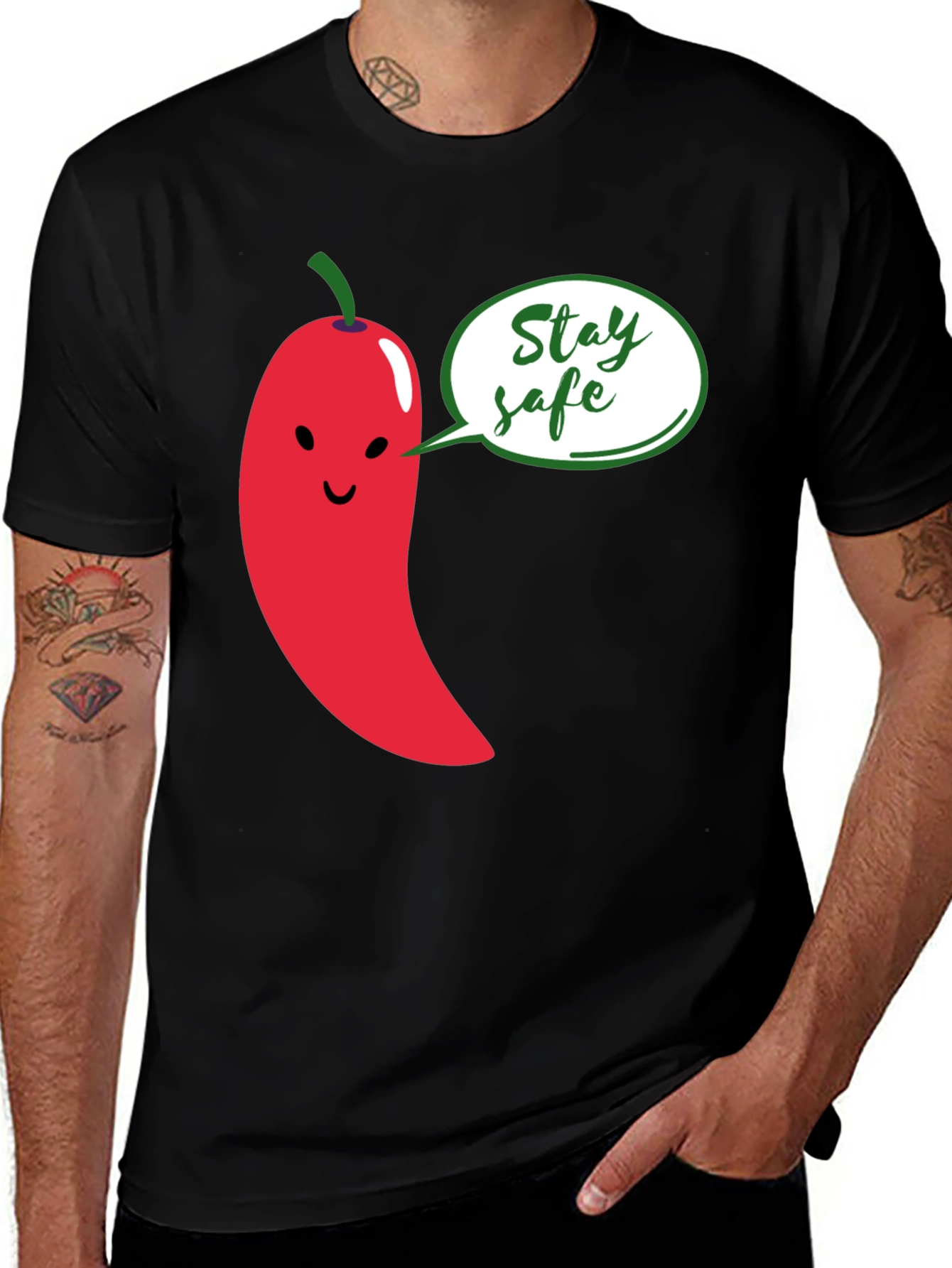 Variant 23 of Stay Safe Pepper Graphic Tee - Unisex Black T-Shirt