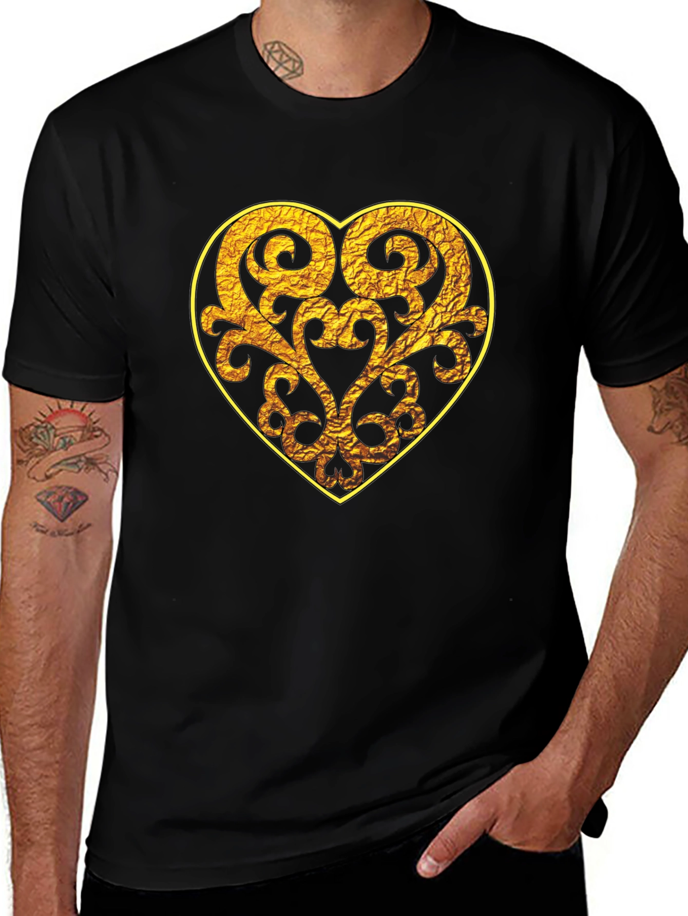 Variant 14 of Golden Heart Graphic Tee - Stylish Men's Black T-Shirt