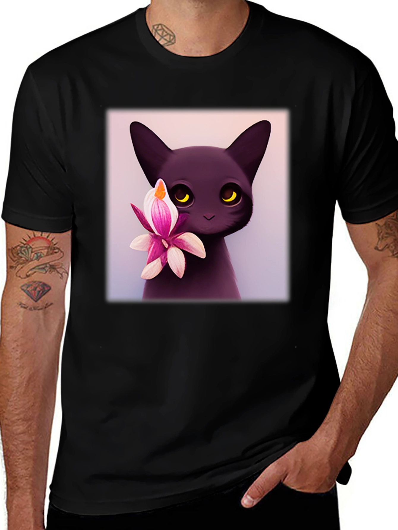 Variant 28 of Cute Black Cat & Flower Graphic T-Shirt