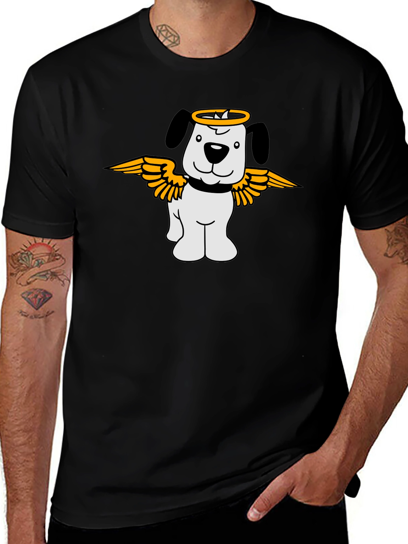 Variant 27 of Angel Dog Graphic T-Shirt - Black Cotton Tee