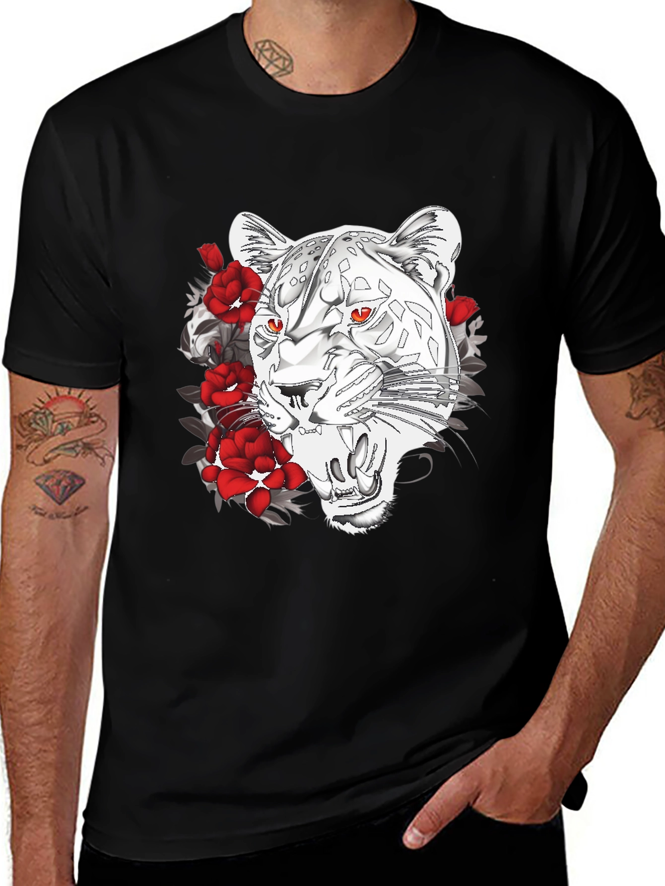 Variant 17 of Black T-Shirt with Graphic Leopard and Roses Print