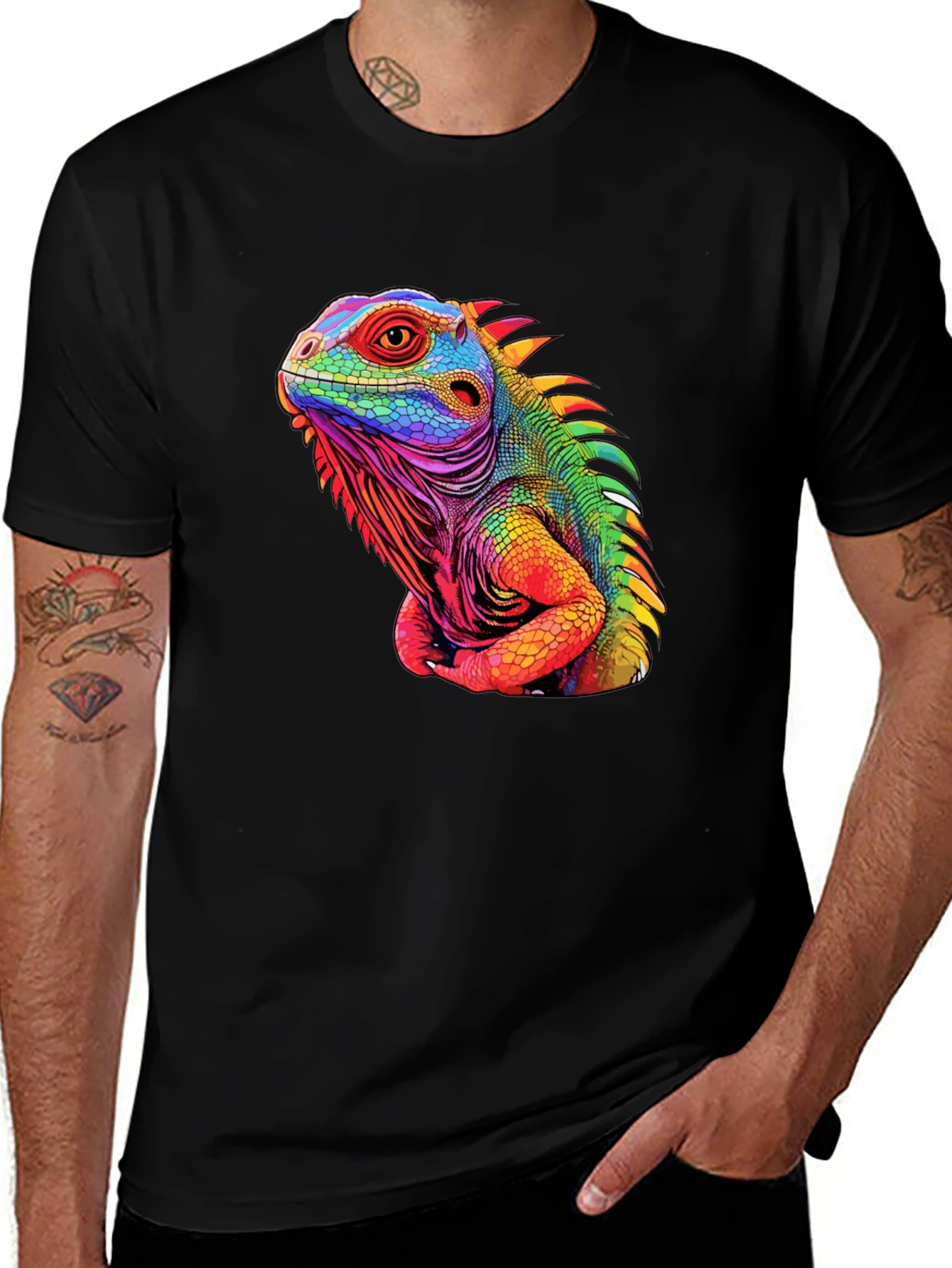 Variant 25 of Colorful Iguana Graphic Tee - Stylish Men's Black T-Shirt