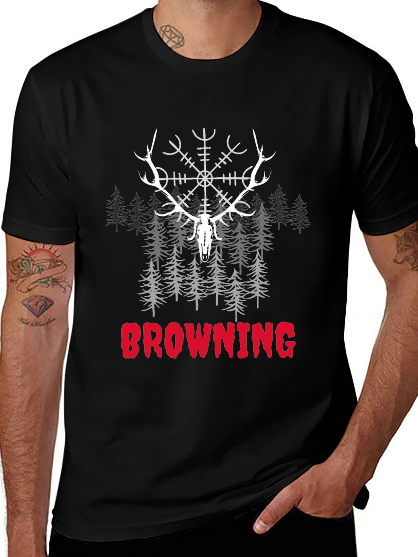 Variant 9 of Men's Black T-Shirt with Stag and 'BROWNING' Print