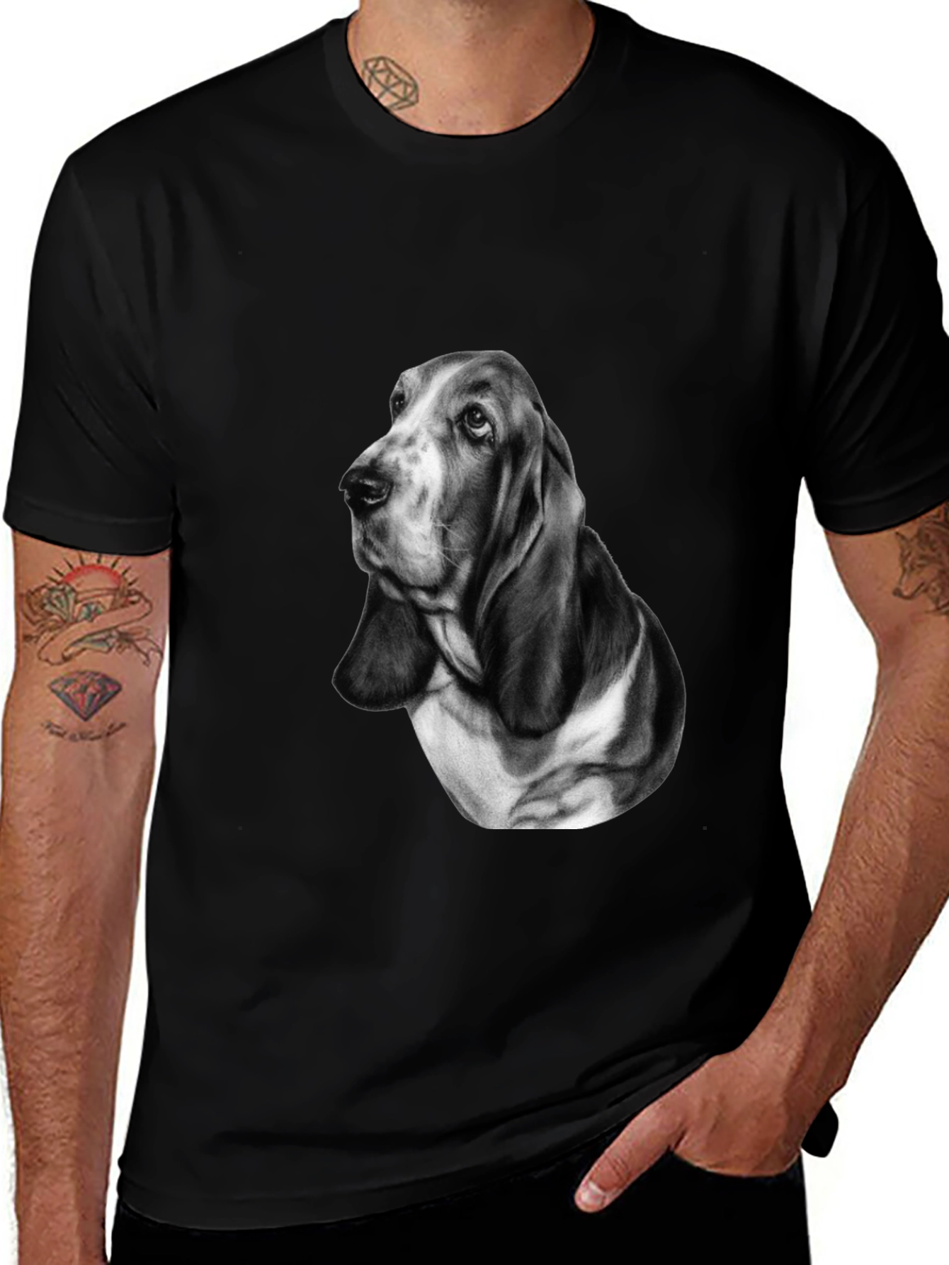 Basset Hound Dog Graphic Print Tee - Black