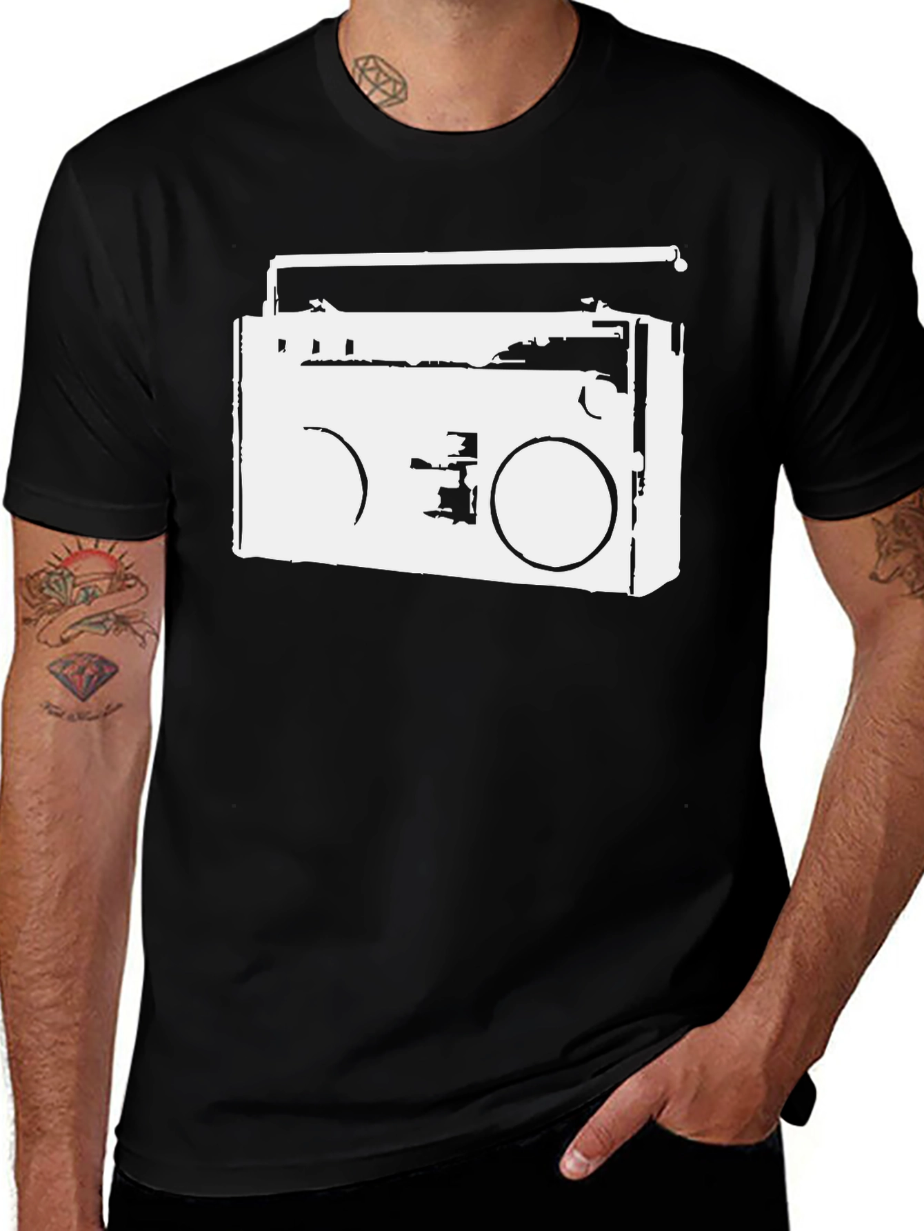 Variant 13 of Retro Boombox Graphic T-Shirt - Black Cotton Tee