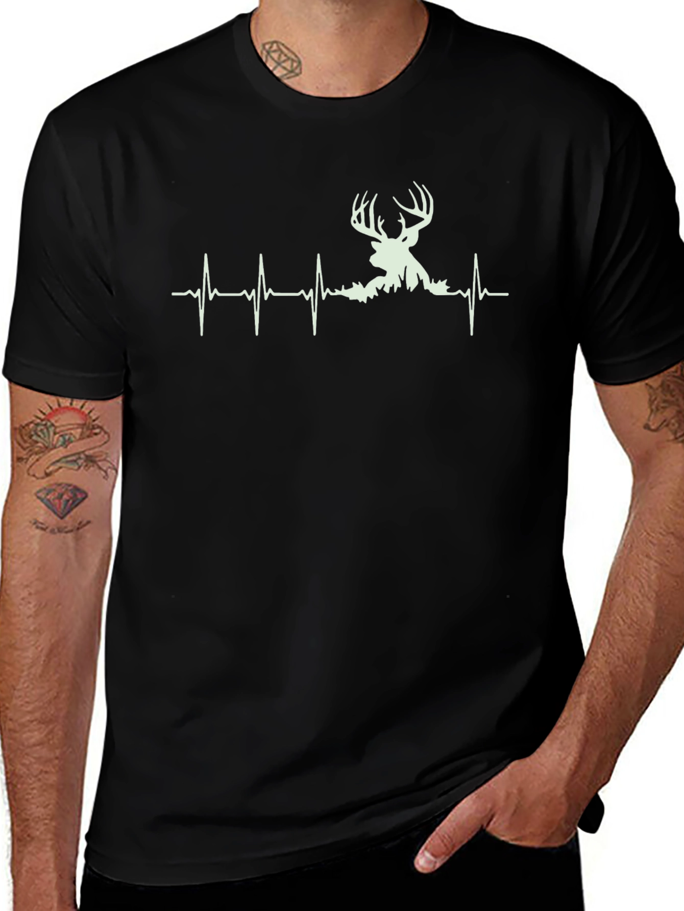 Variant 21 of Deer Heartbeat Graphic Tee - Black Cotton Shirt