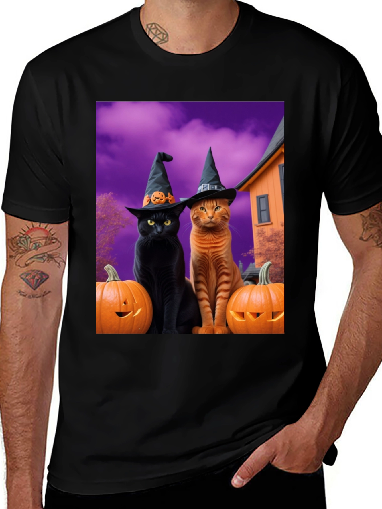 Halloween Cats T-Shirt - Witch Hat Pumpkins!