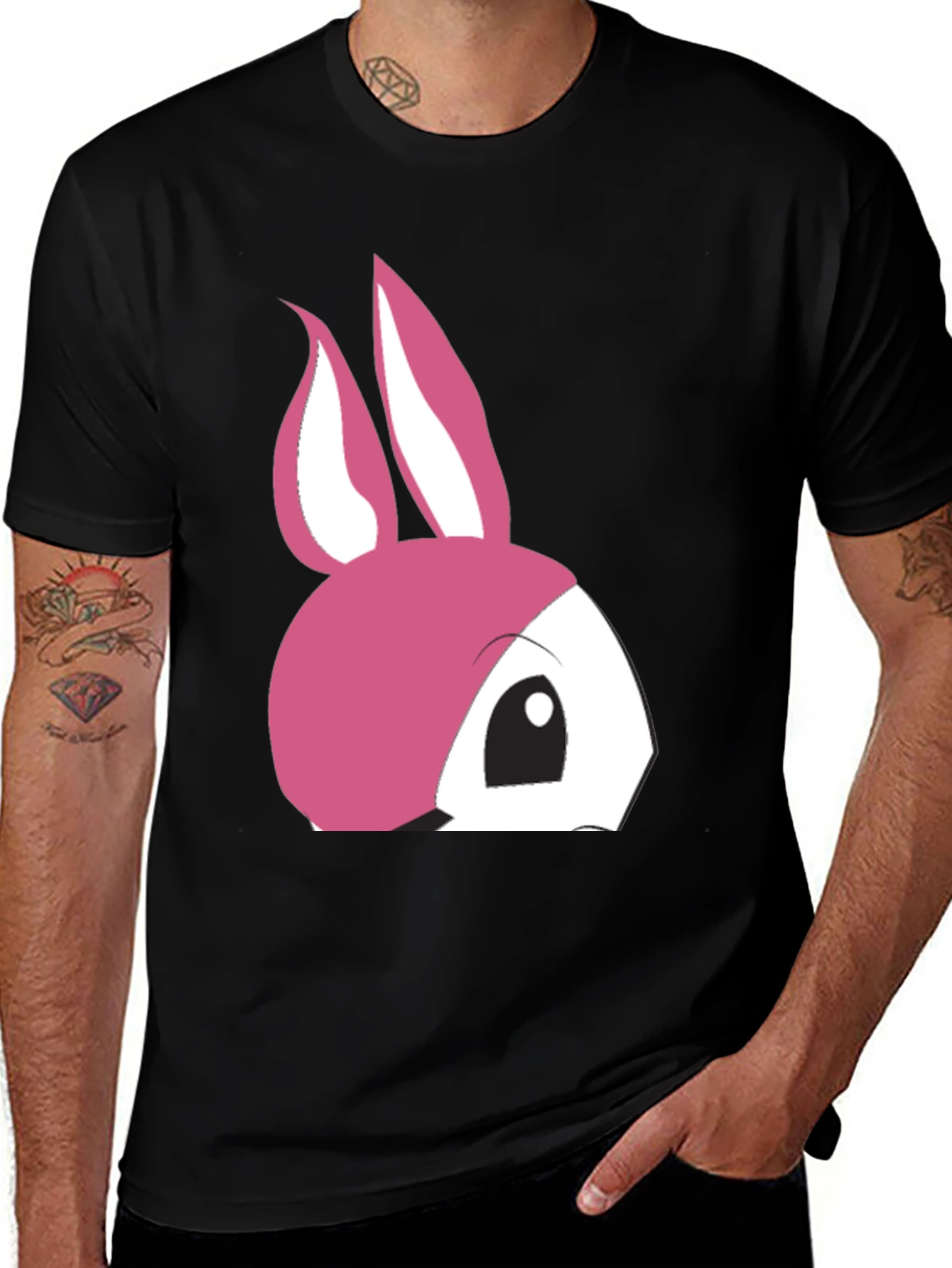 Variant 3 of Cute Pink Bunny Graphic T-Shirt - Black Cotton Tee