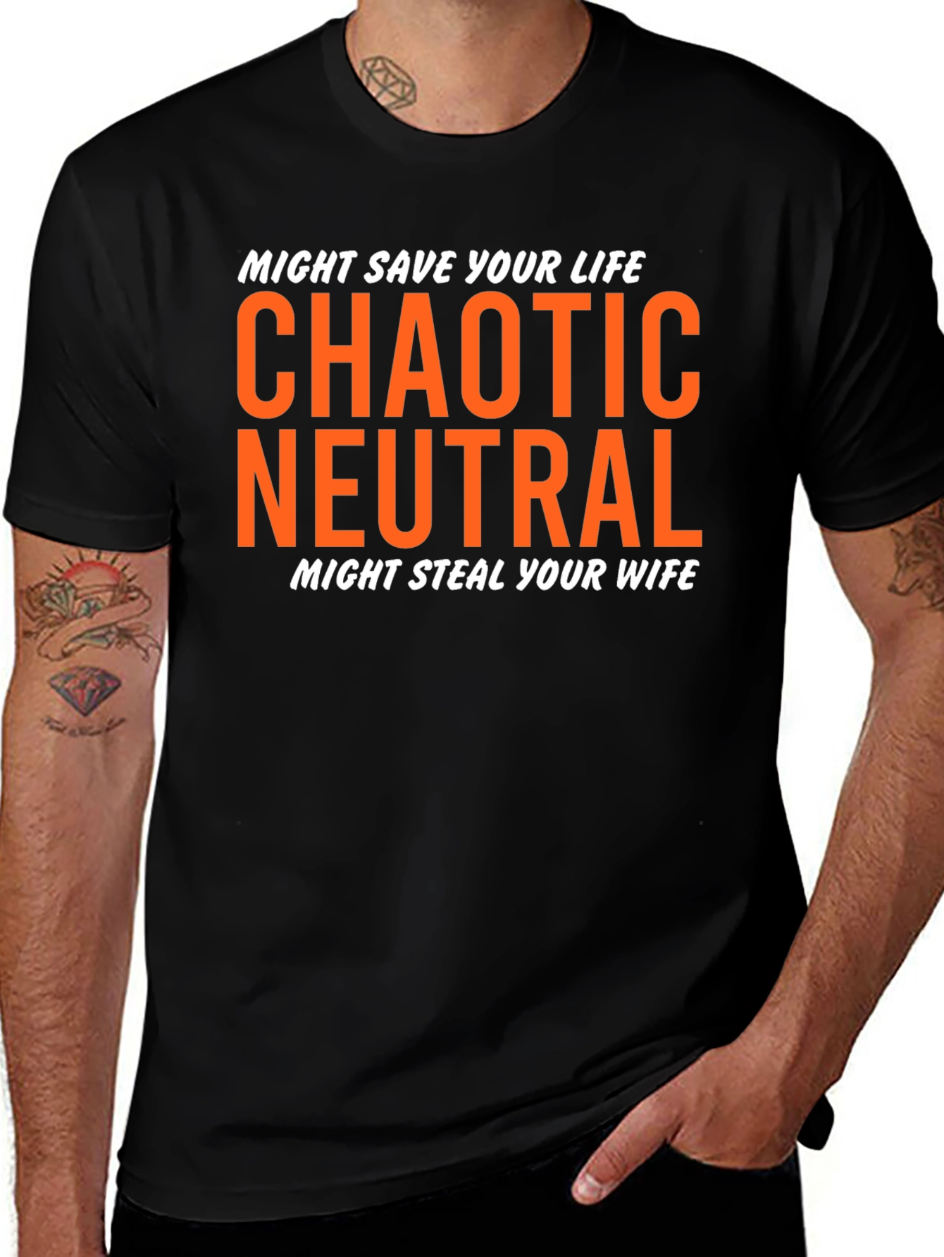 Variant 3 of Chaotic Neutral Graphic Tee - Might Save Your Life, Steal Your Wife