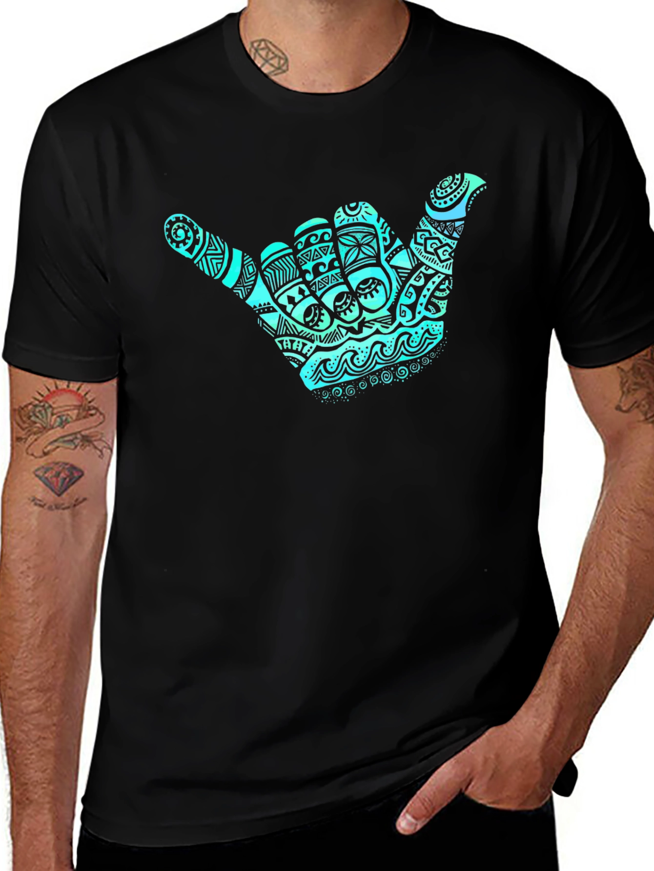 Shaka Hand Graphic Tee - Casual Black T-Shirt