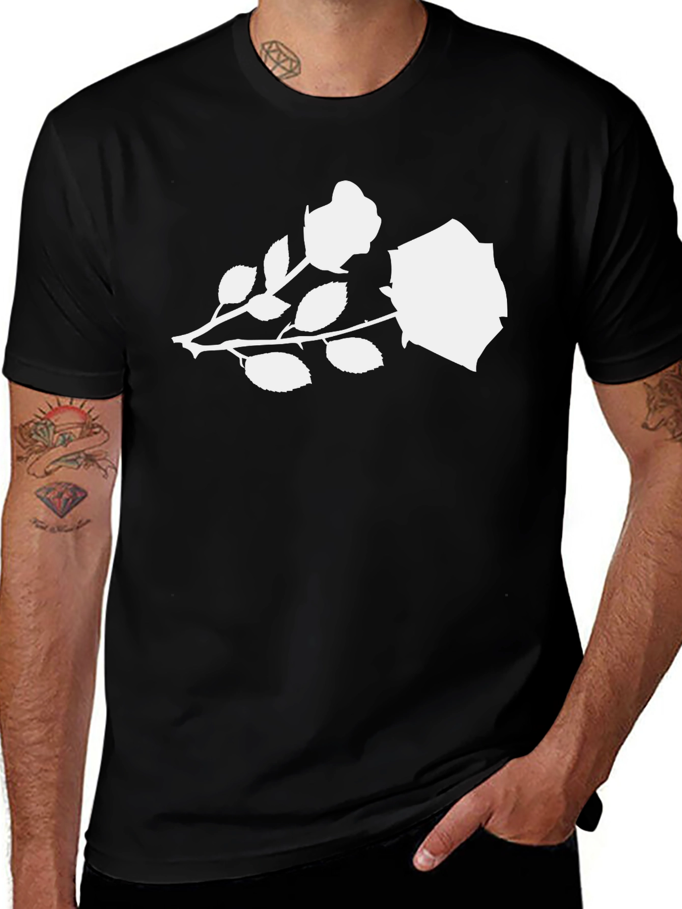 Variant 17 of Black T-Shirt with White Rose Design