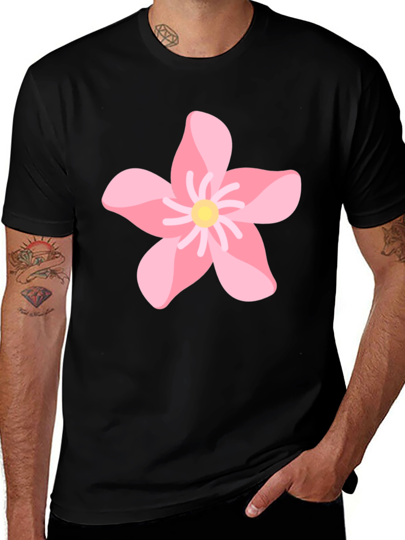 Variant 3 of Pink Flower Graphic Black T-Shirt