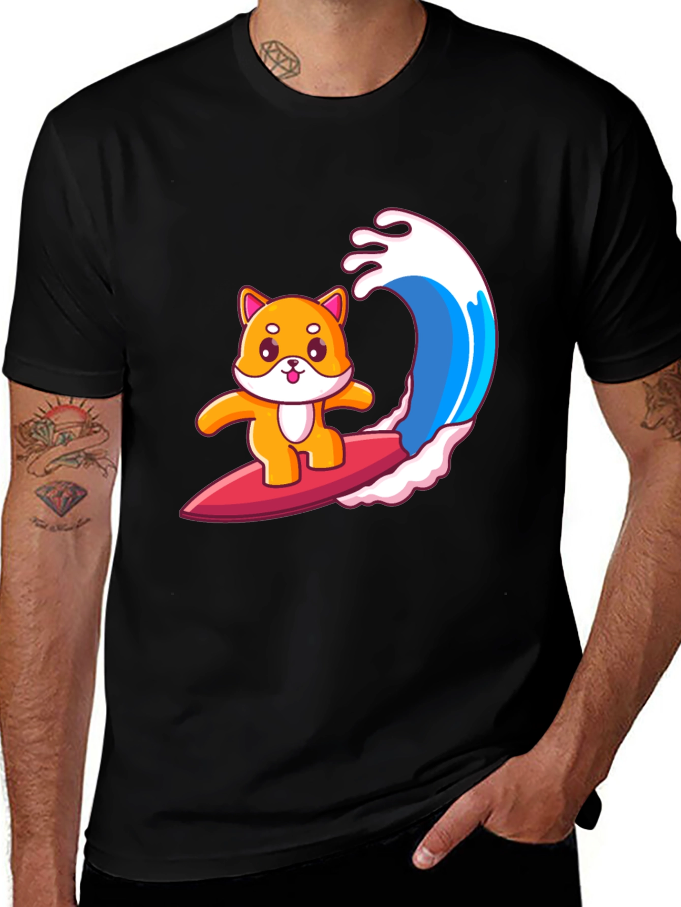 Variant 15 of Surfing Shiba Inu Graphic Tee - Black Cotton