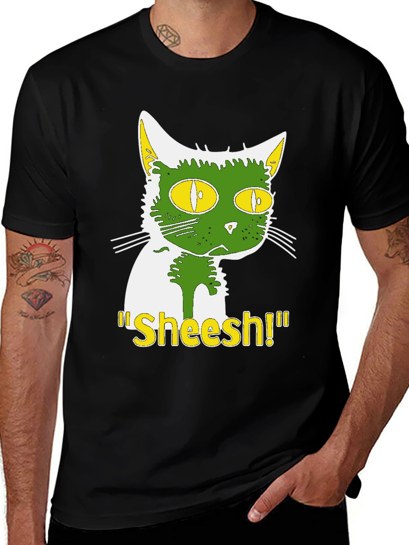 Variant 21 of Funny "Sheesh!" Cat Graphic Tee - Black Cotton T-Shirt
