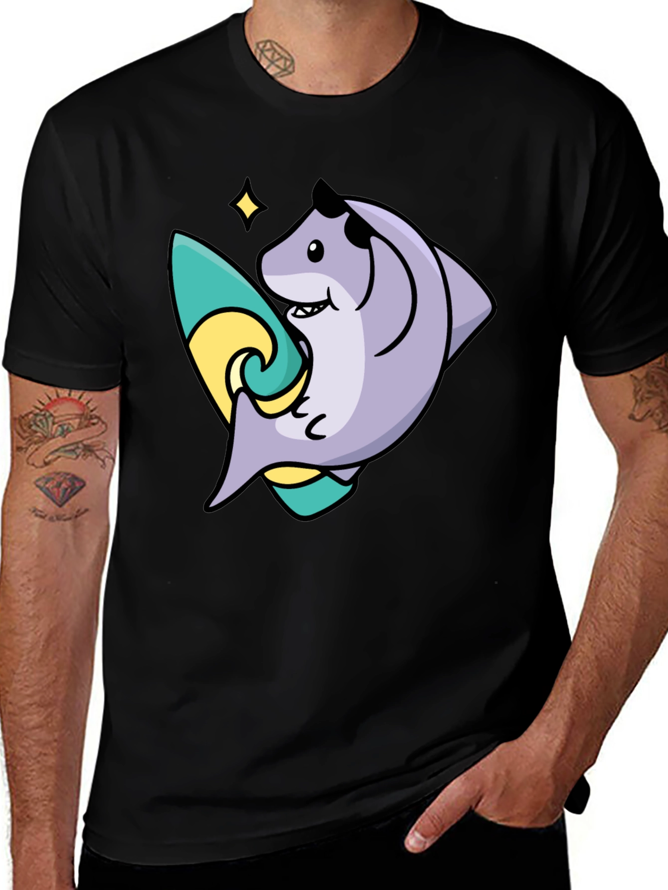 Variant 25 of Surfing Shark Graphic Tee - Black Cotton Blend T-Shirt