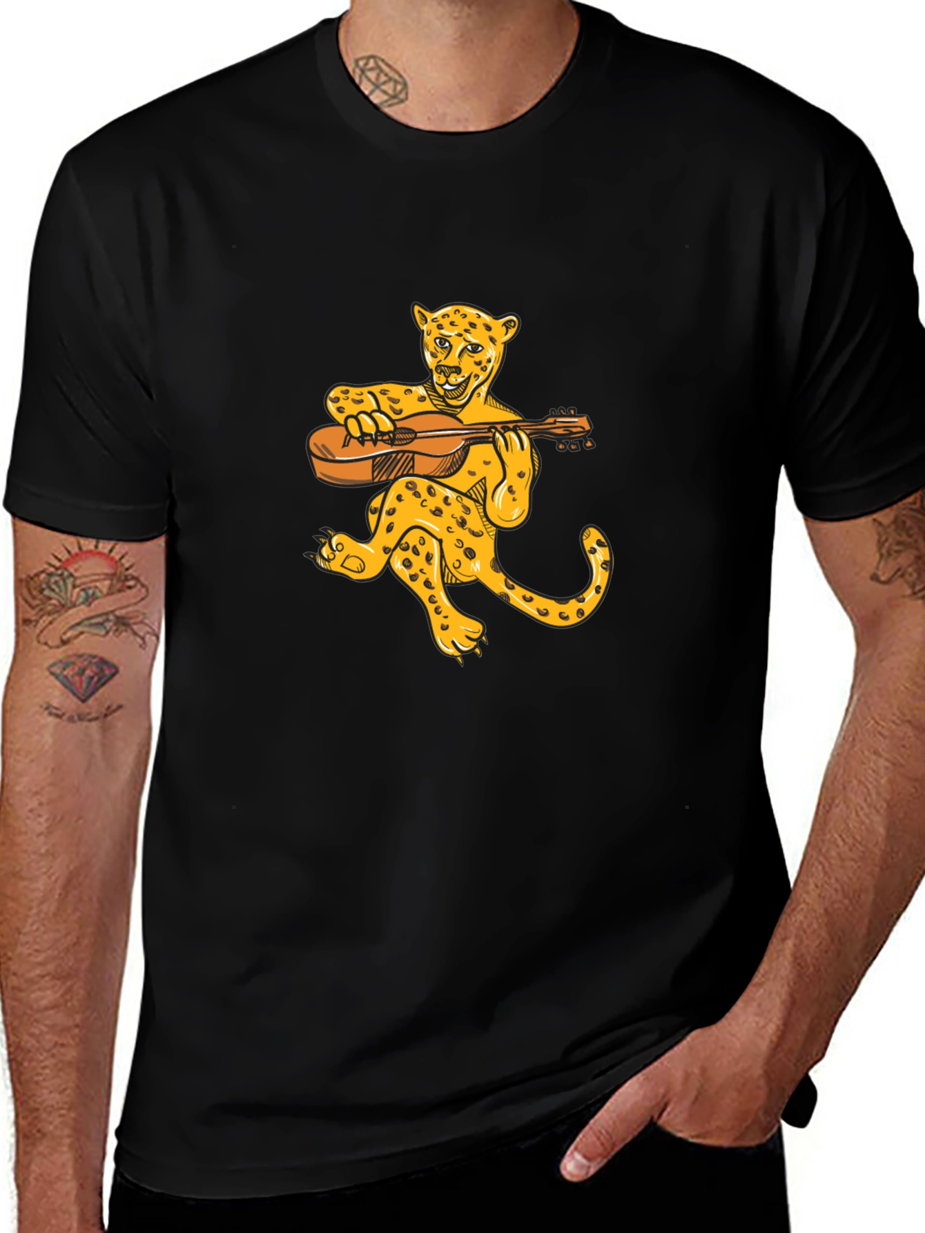 Variant 24 of Leopard Playing Guitar Graphic T-Shirt - Black