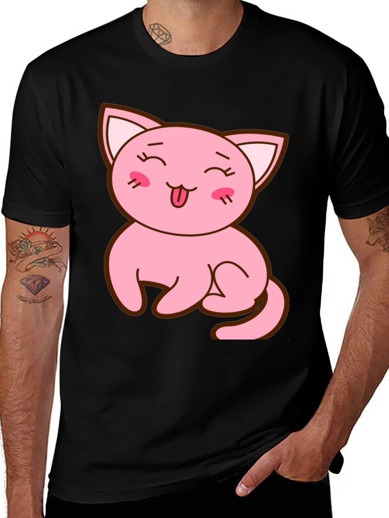 Cute Pink Kitty Black T-Shirt