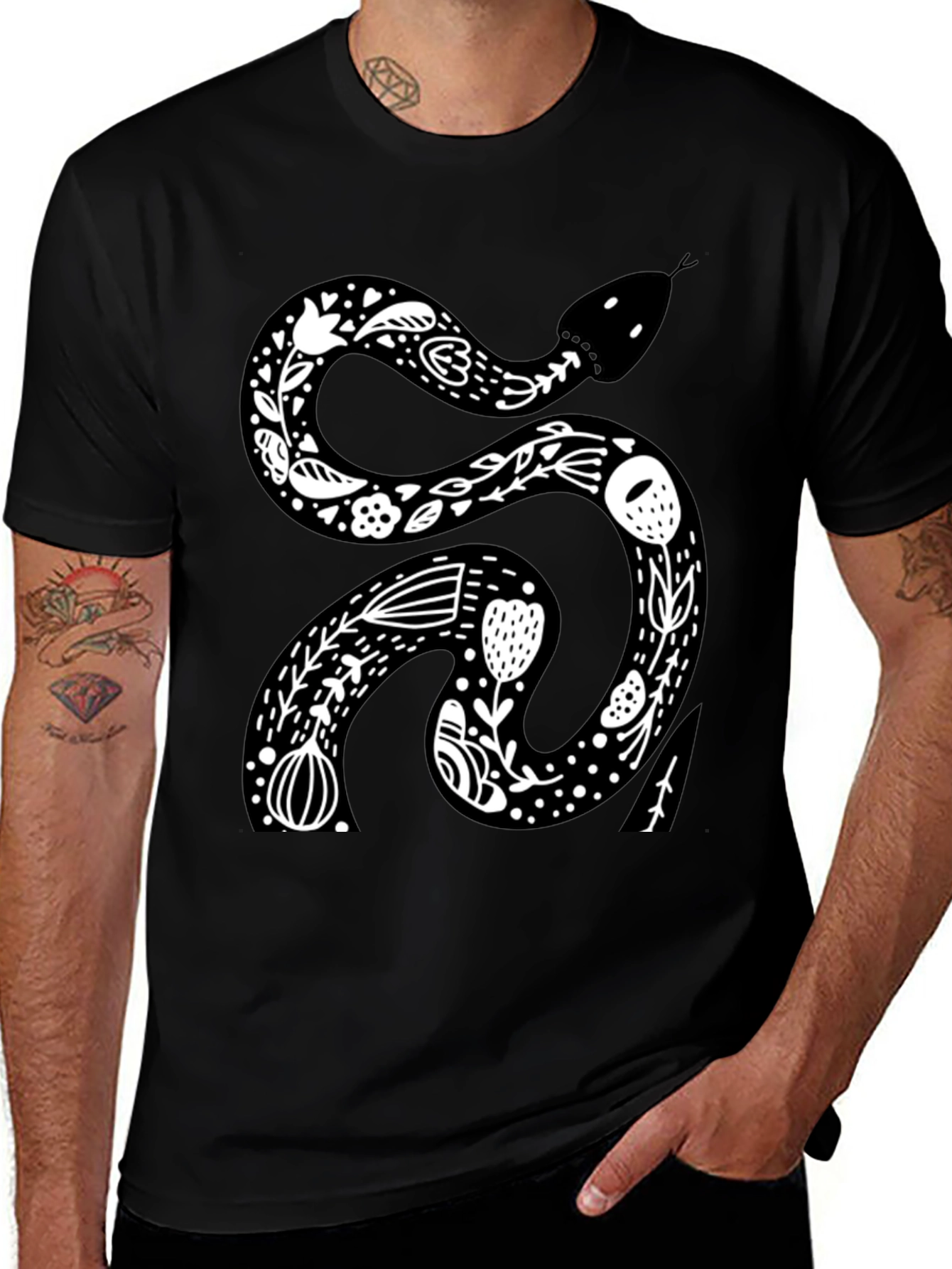 Variant 19 of Floral Snake Graphic Tee - Black Cotton
