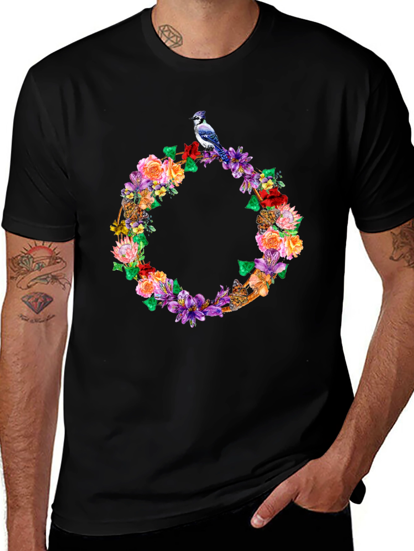 Variant 15 of Floral Wreath Bird Graphic Tee - Black