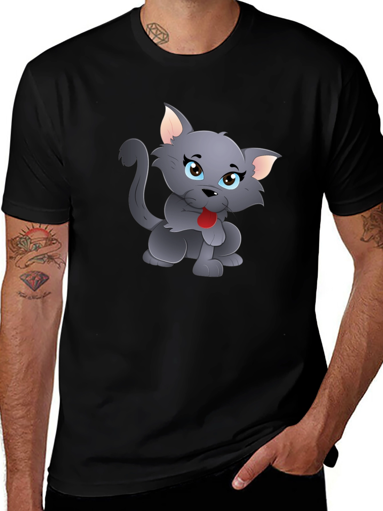 Variant 4 of Cartoon Cat Graphic Tee - Men's Black T-Shirt