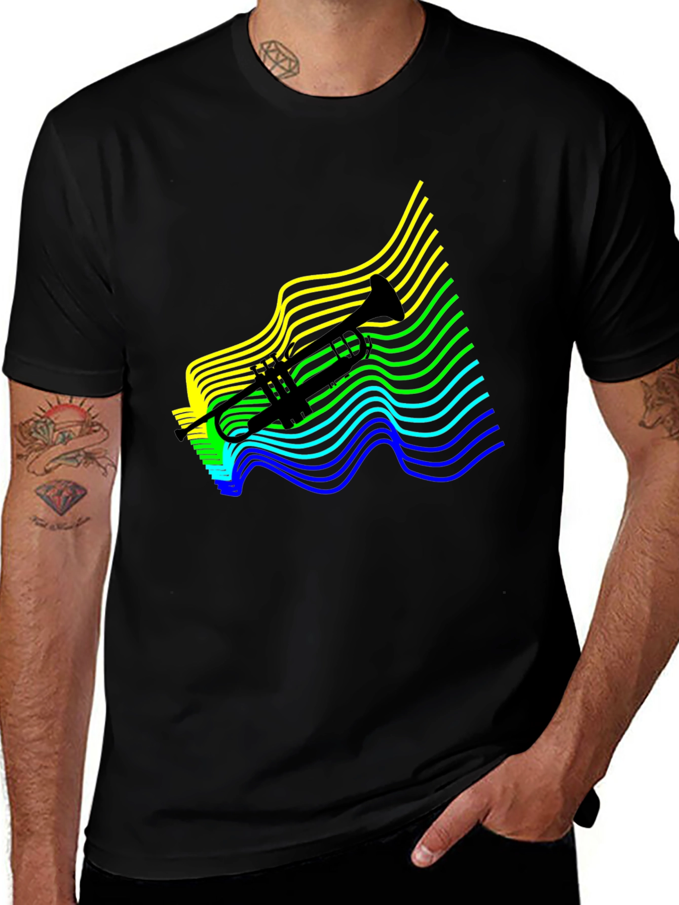Variant 11 of Retro Trumpet Black Tee - Music Lover's Wave Design