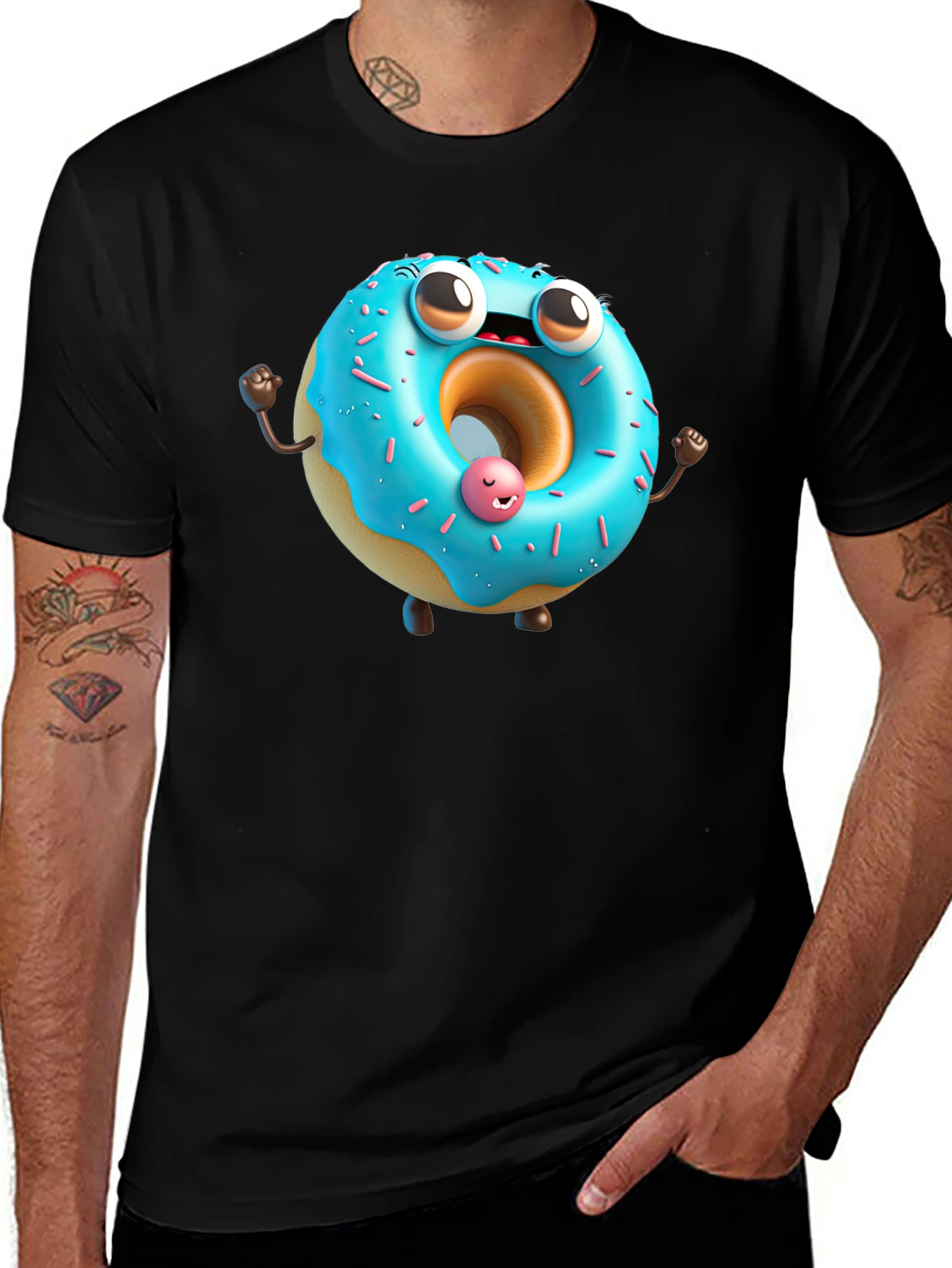 Variant 7 of Cartoon Donut Graphic Tee - Black Cotton T-Shirt