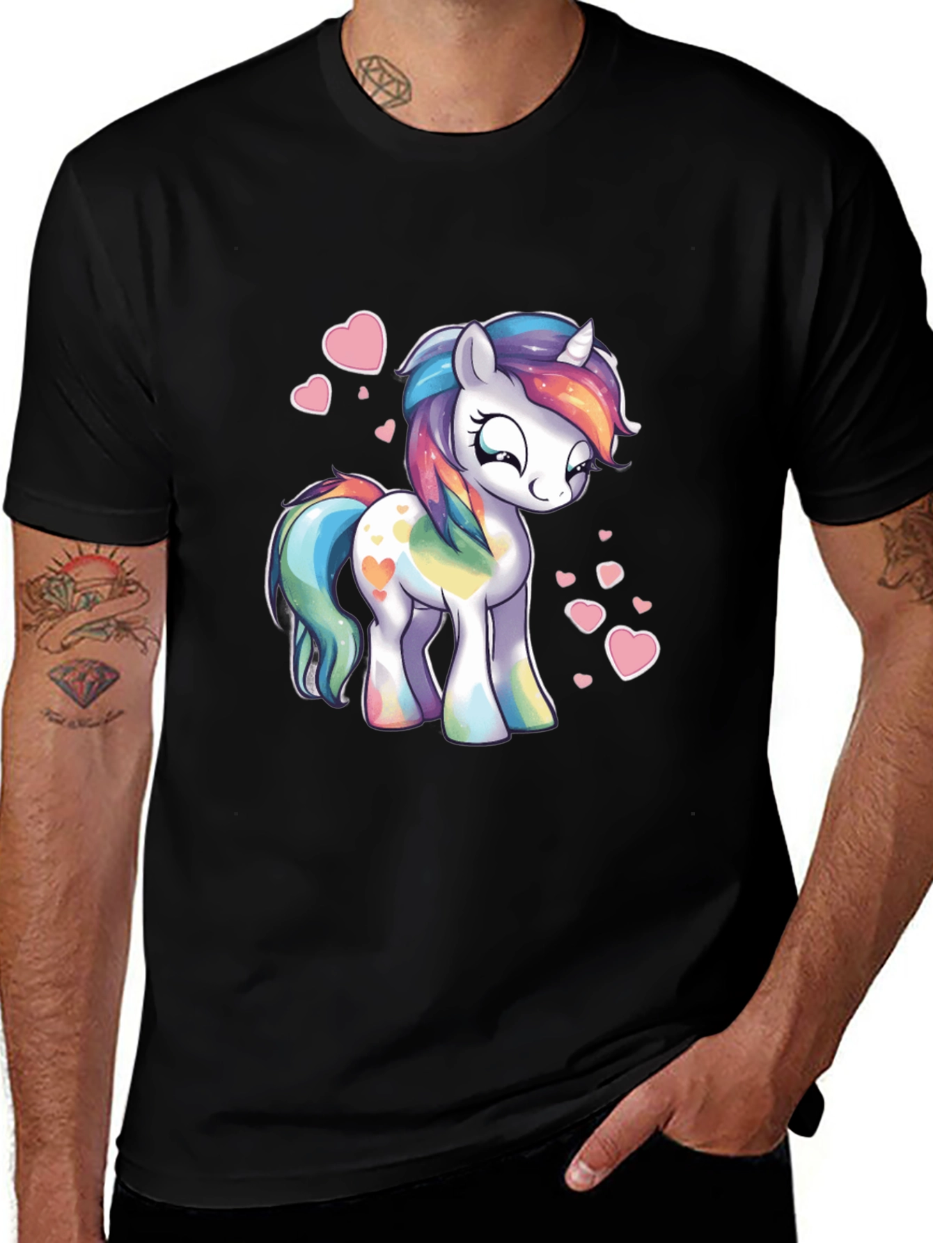 Black Rainbow Unicorn Heart Graphic Black T-Shirt main image