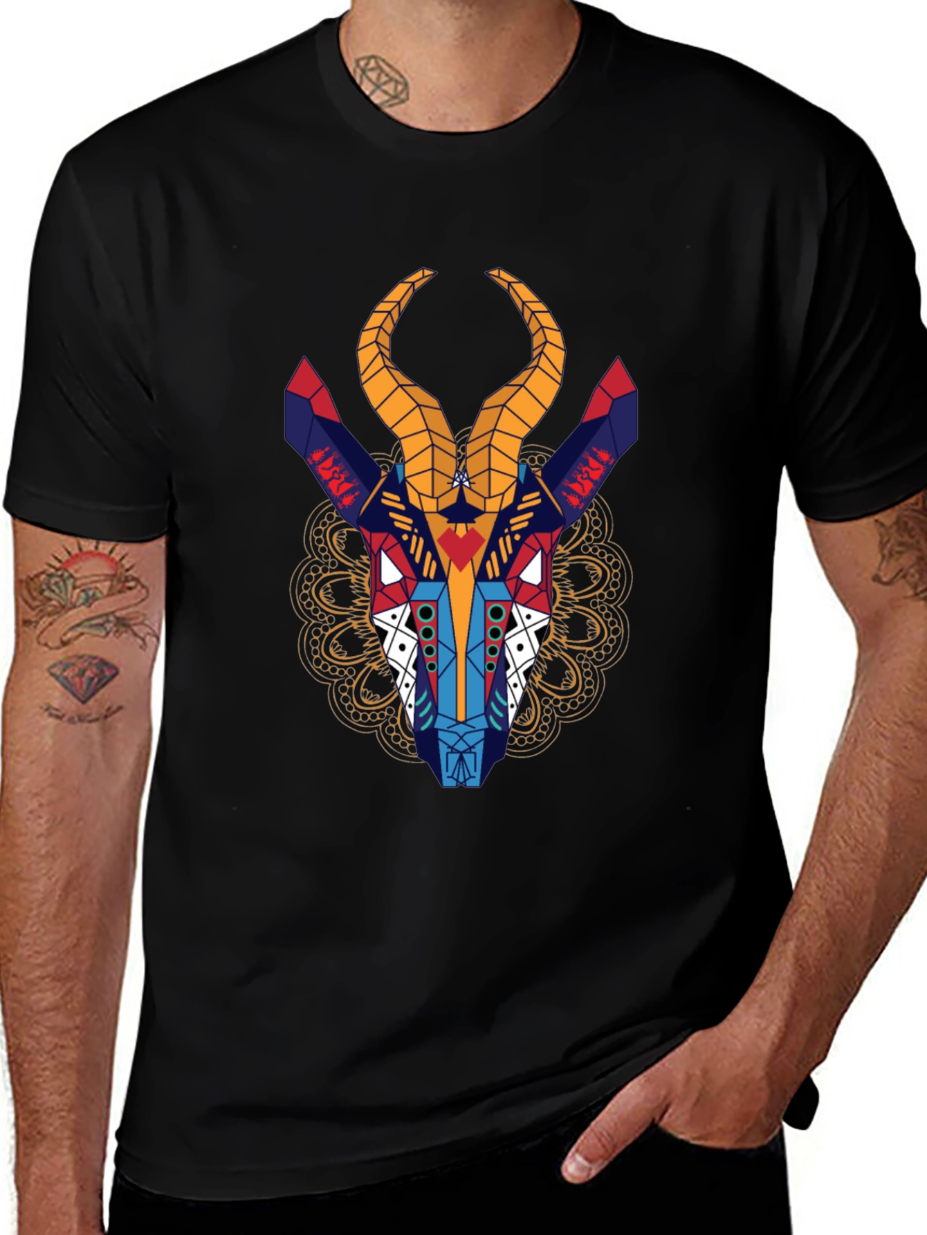 Variant 30 of Geometric Gazelle Graphic Tee - Black Cotton Shirt