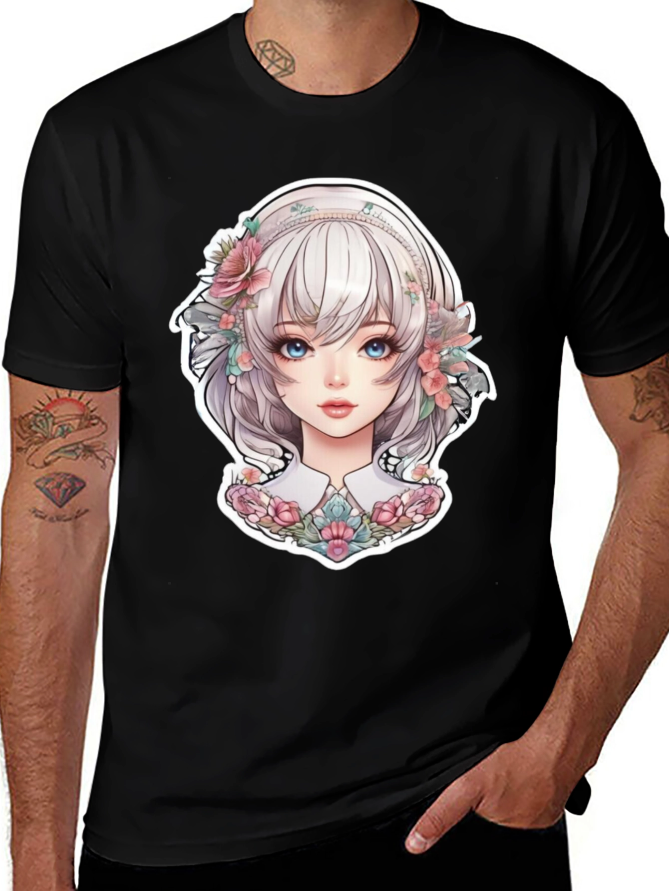 Variant 6 of Anime Girl Floral Black T-Shirt