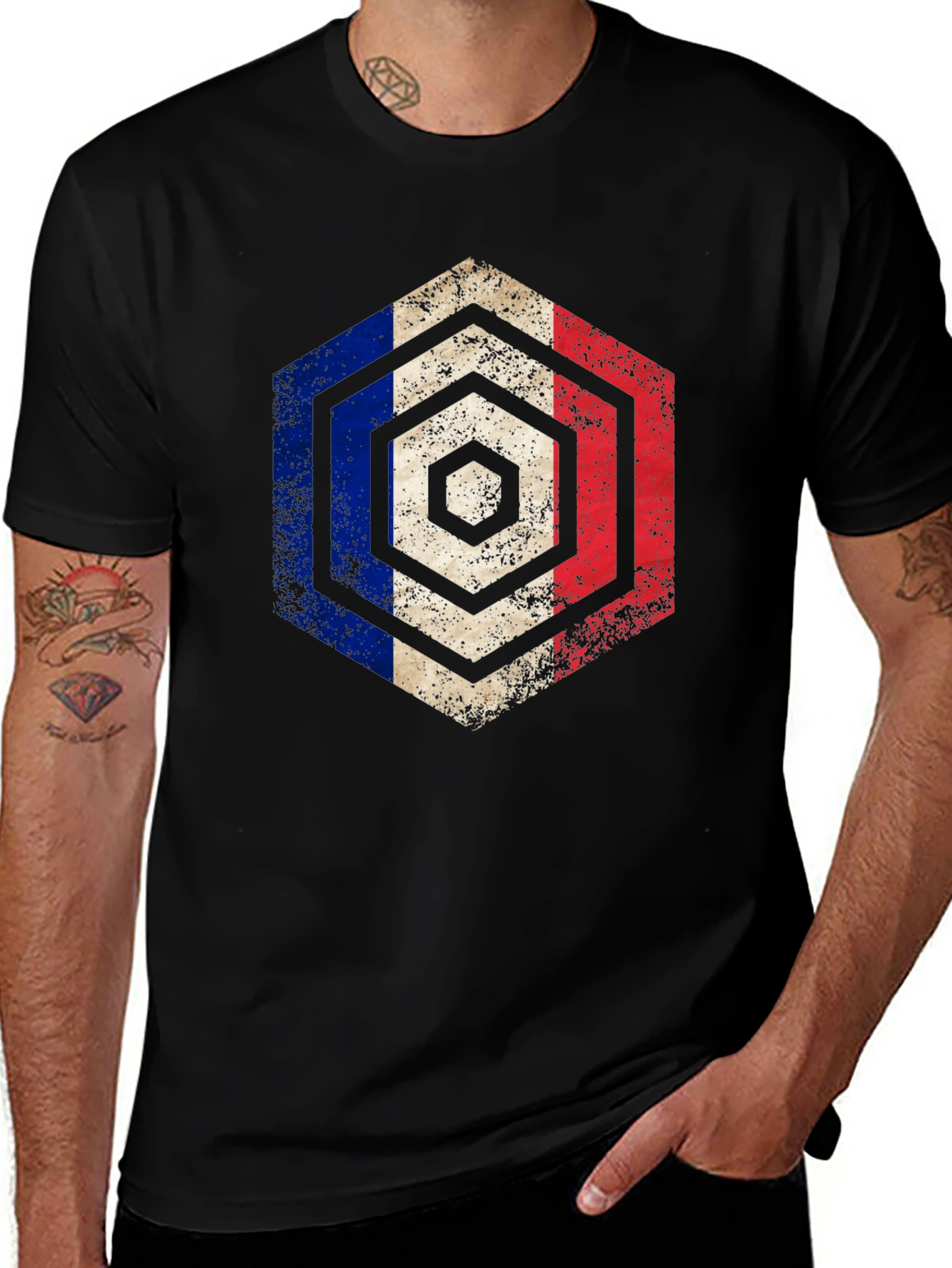 Variant 9 of Distressed France Flag Hexagon Graphic Tee
