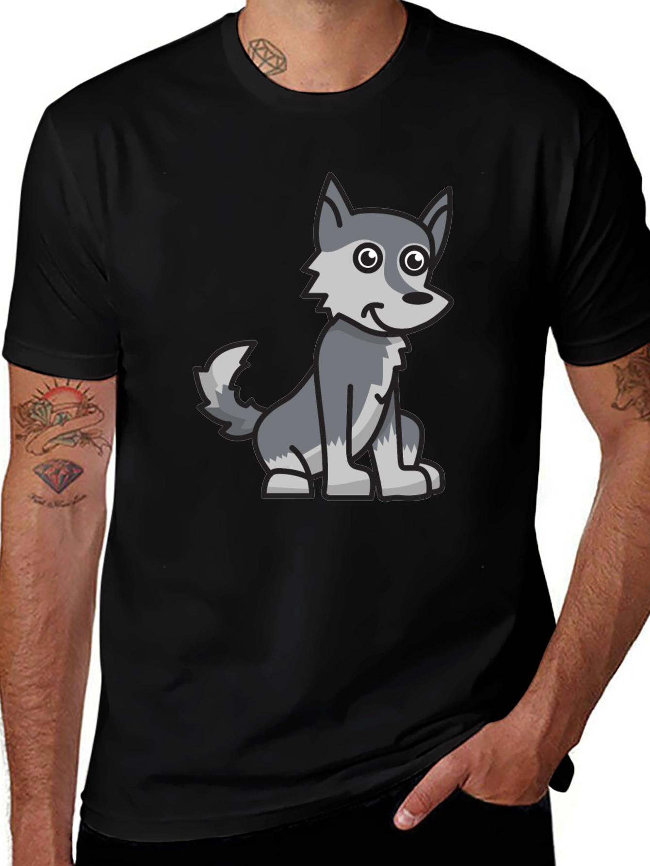 Variant 24 of Cartoon Wolf Graphic Tee - Black Cotton Blend T-Shirt